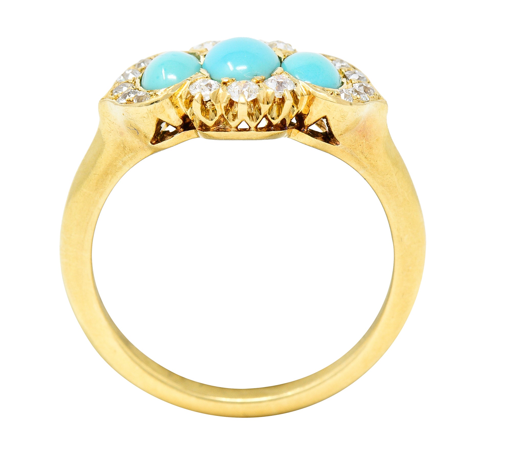 Art Nouveau Turquoise Cabochon Old Mine Cut Diamond 18 Karat Yellow Gold Antique Cluster Jones & Woodland Co. Ring Wilson's Estate Jewelry