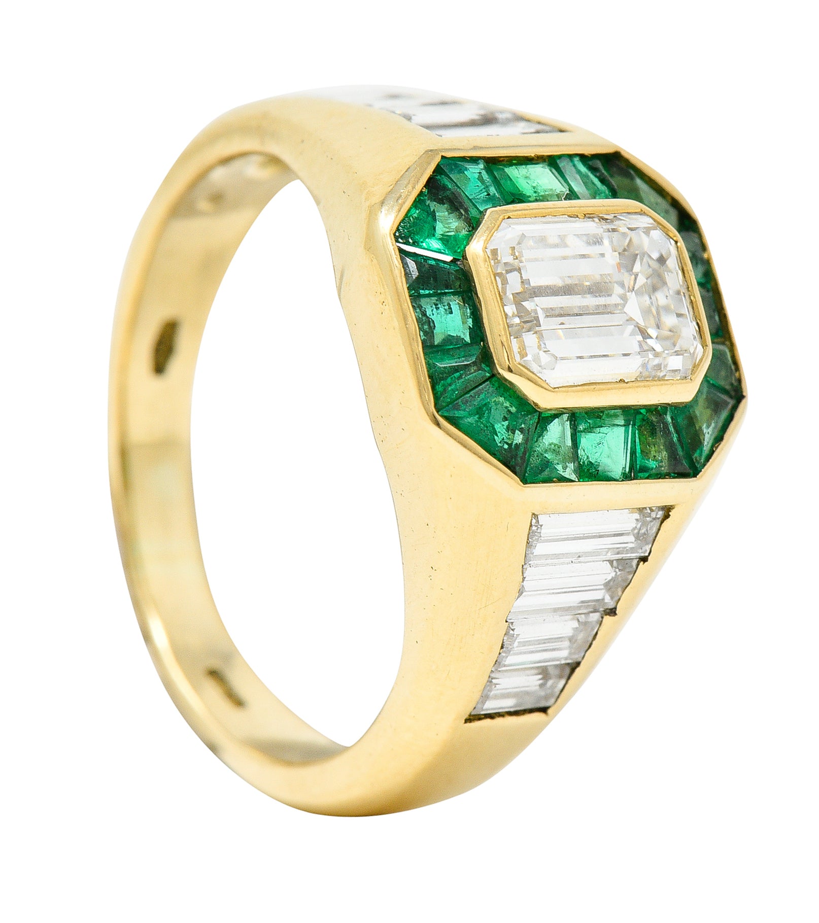 Vintage Italian 2.70 CTW Diamond Emerald 18 Karat Yellow Gold Unisex RingRing - Wilson's Estate Jewelry