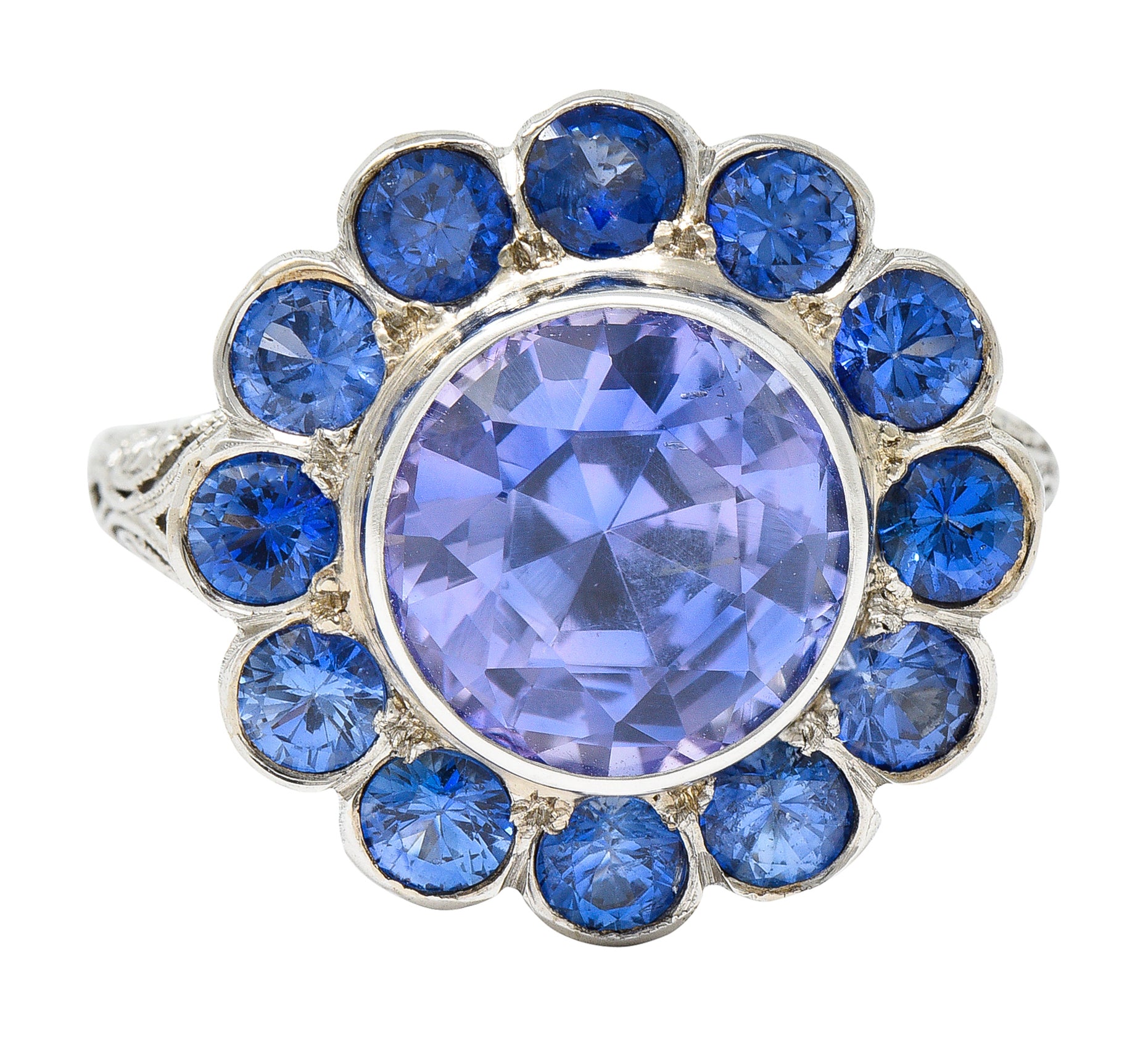 Edwardian 7.78 CTW No Heat Sapphire Platinum Cluster Ring GIARing - Wilson's Estate Jewelry