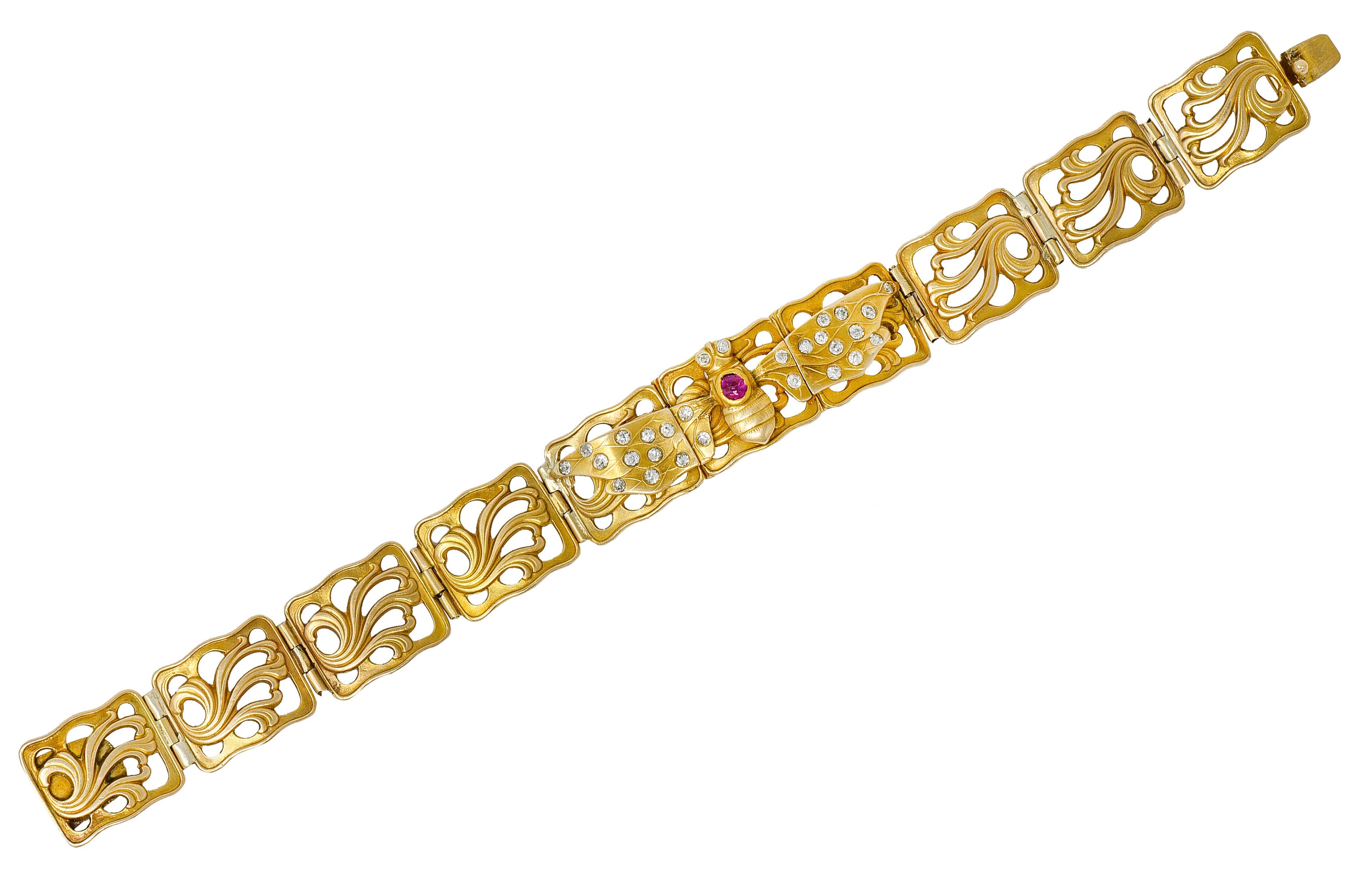 Art Nouveau Ruby Diamond 14 Karat Gold Bee Link Braceletbracelet - Wilson's Estate Jewelry