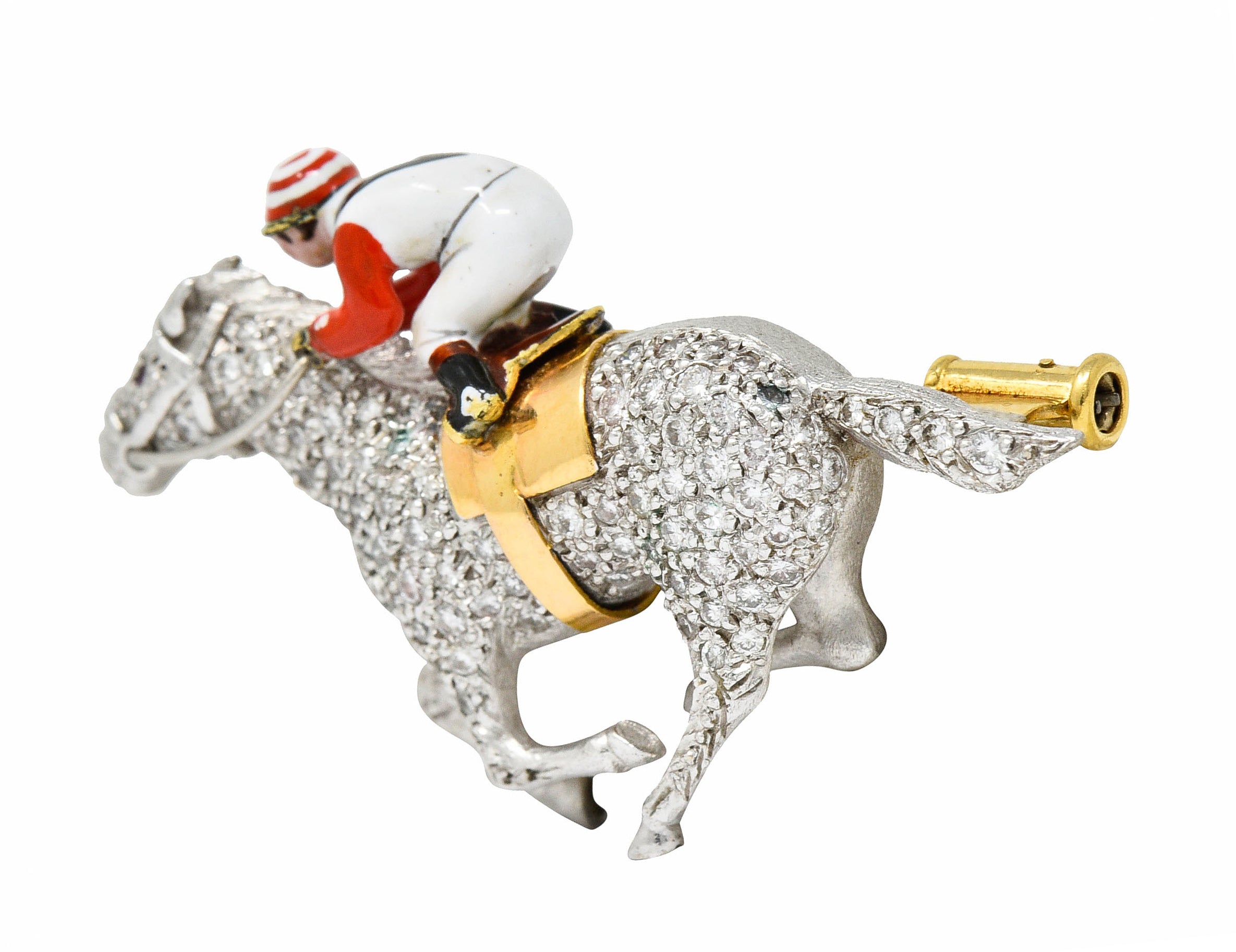 1897 E. Wolfe & Co. Enamel Pave Diamond 18 Karat White Gold Horse & Jockey BroochBrooch - Wilson's Estate Jewelry