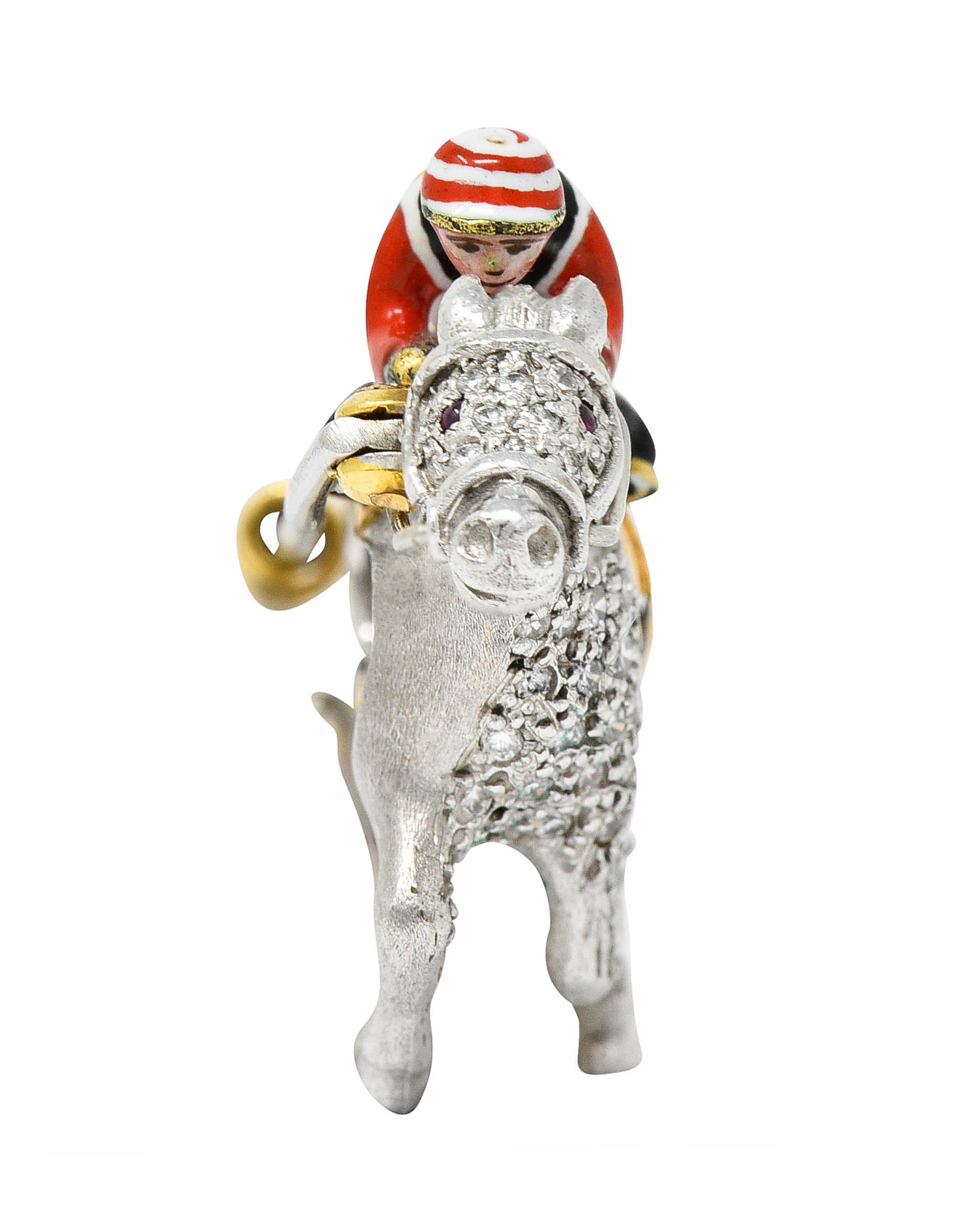 1897 E. Wolfe & Co. Enamel Pave Diamond 18 Karat White Gold Horse & Jockey BroochBrooch - Wilson's Estate Jewelry