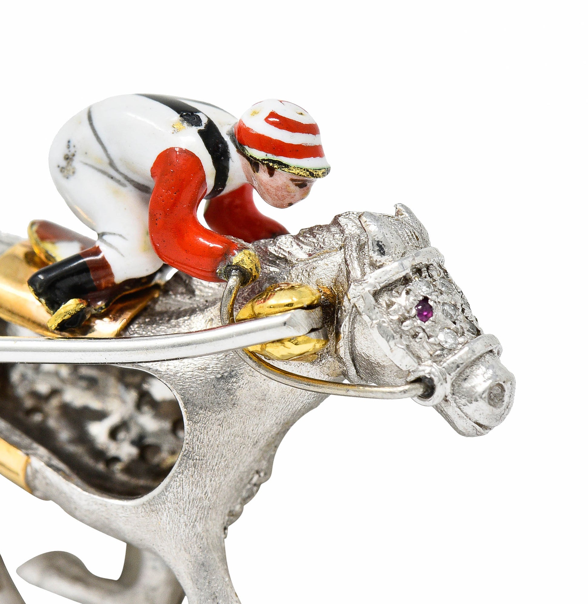 1897 E. Wolfe & Co. Enamel Pave Diamond 18 Karat White Gold Horse & Jockey BroochBrooch - Wilson's Estate Jewelry