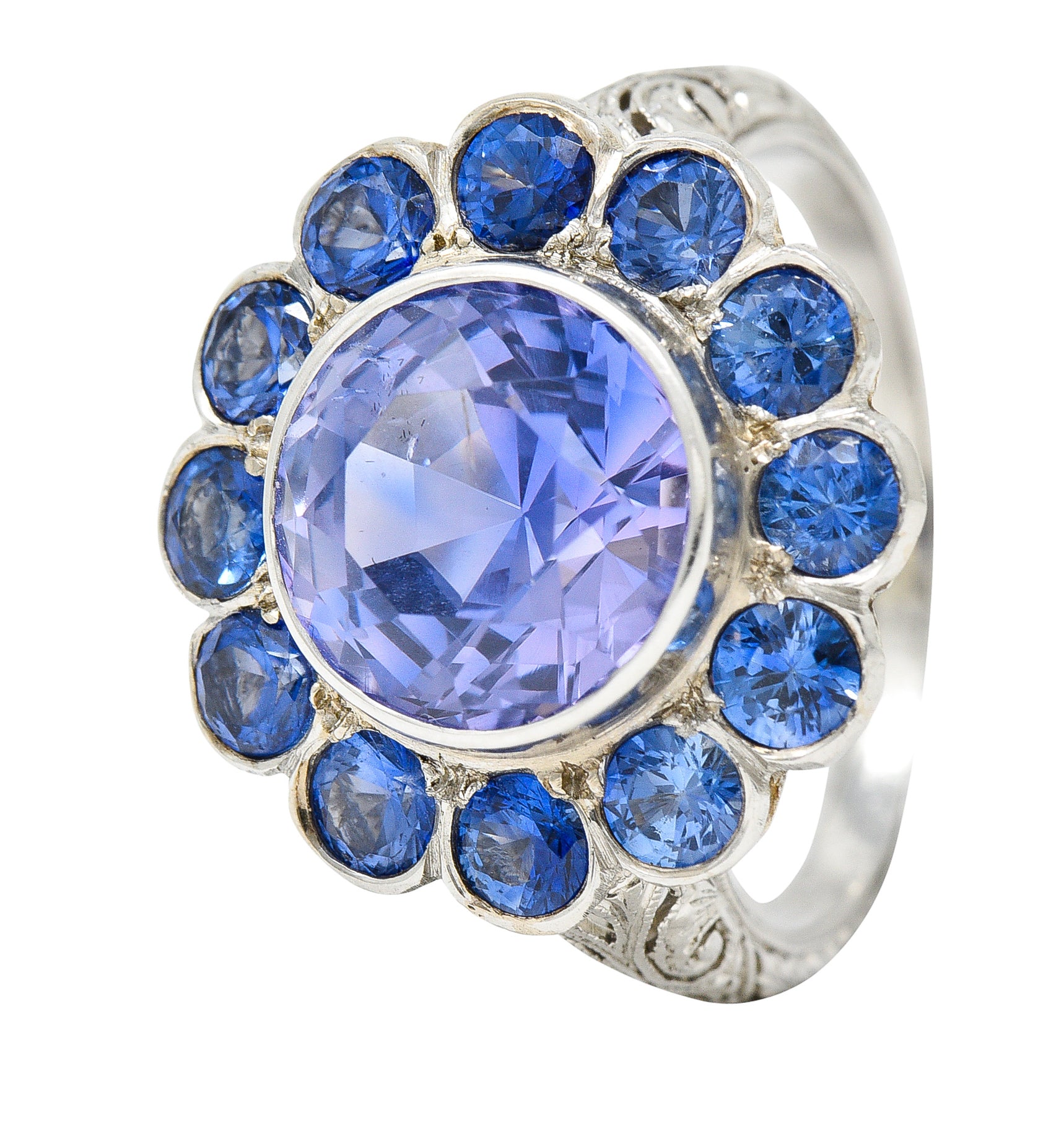 Edwardian 7.78 CTW No Heat Sapphire Platinum Cluster Ring GIARing - Wilson's Estate Jewelry