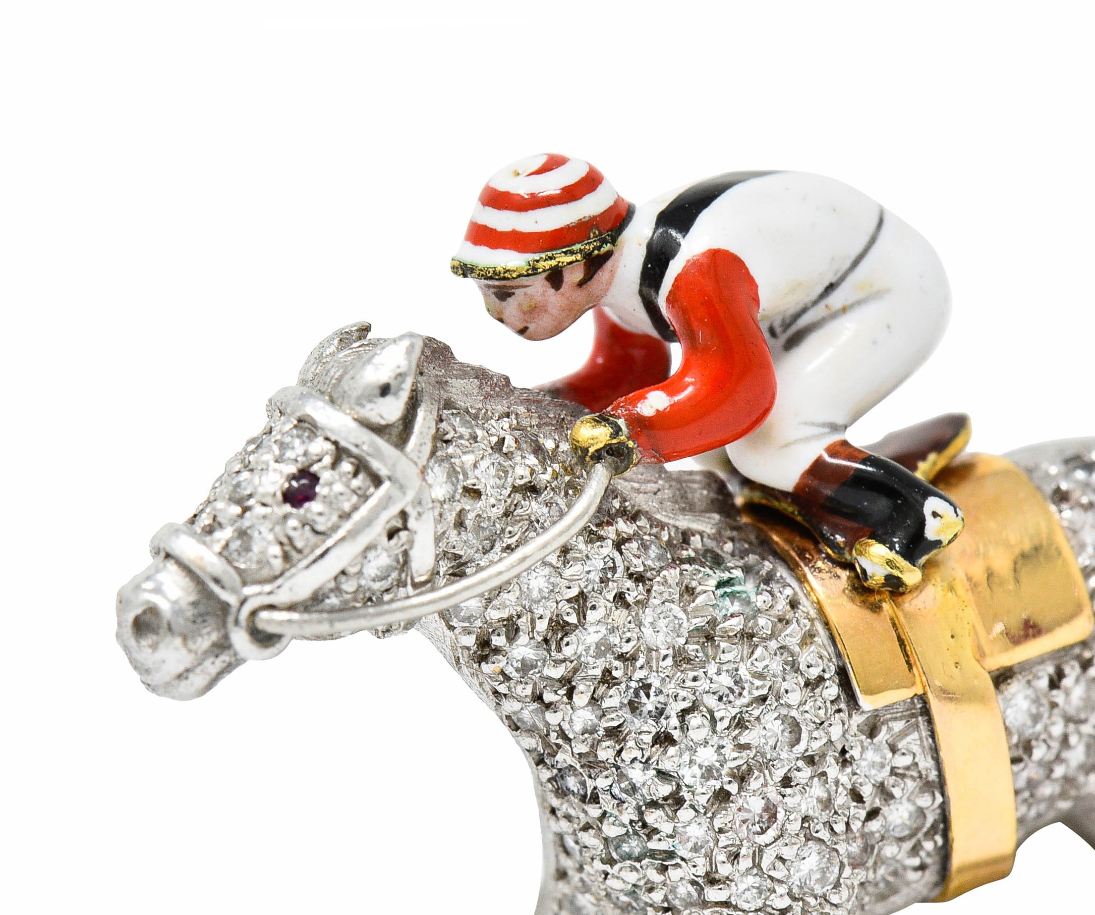 1897 E. Wolfe & Co. Enamel Pave Diamond 18 Karat White Gold Horse & Jockey BroochBrooch - Wilson's Estate Jewelry