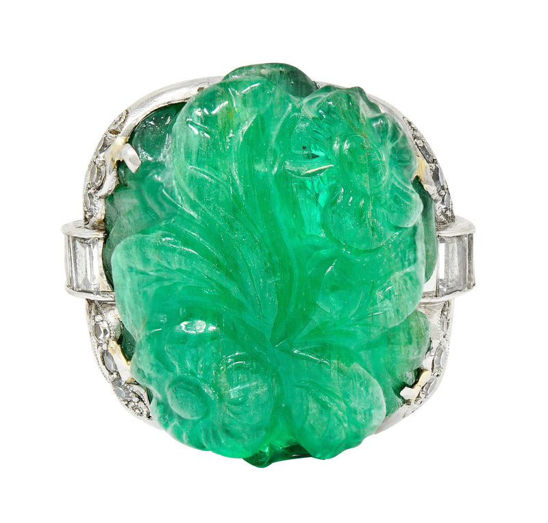 Art Deco 15.60 CTW Carved Colombian Emerald Diamond Platinum Floral Ring Wilson's Estate Jewelry