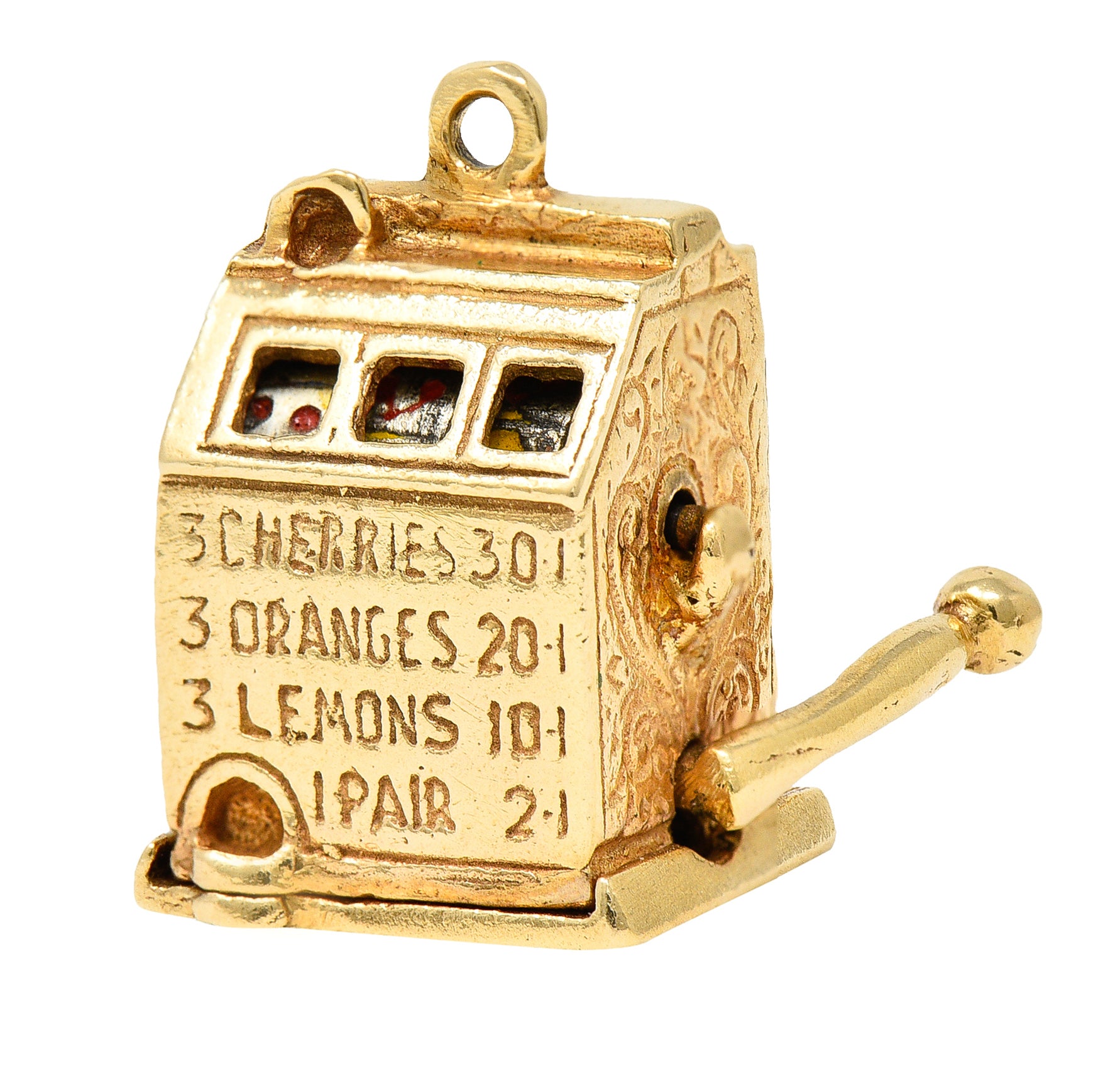 1940's Retro Enamel 14 Karat Yellow Gold Vintage Slot Machine Charm Wilson's Estate Jewelry