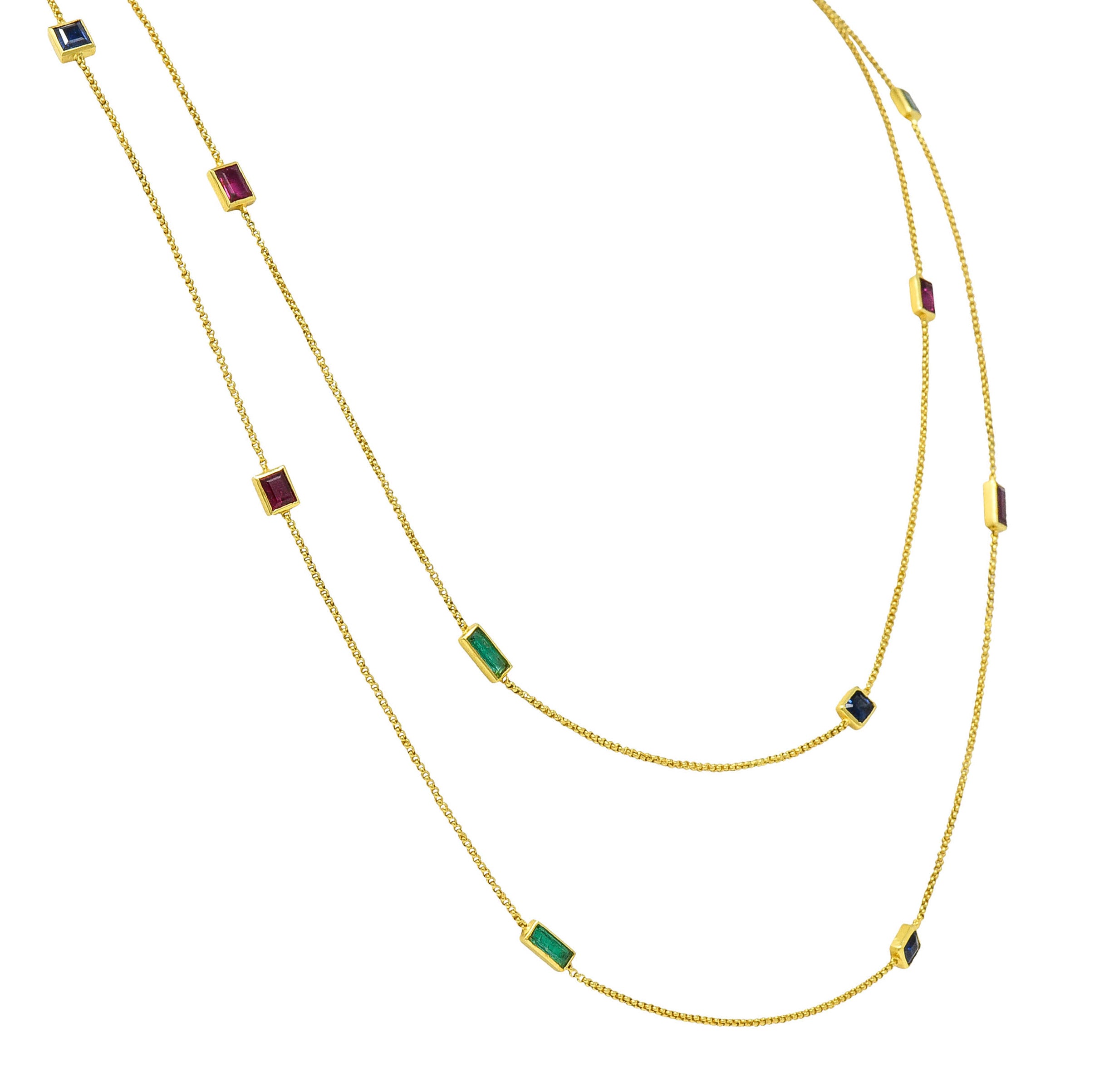 1960's Vintage 6.55 CTW Sapphire Emerald Ruby 14 Karat Gold Gemstone Station NecklaceNecklace - Wilson's Estate Jewelry