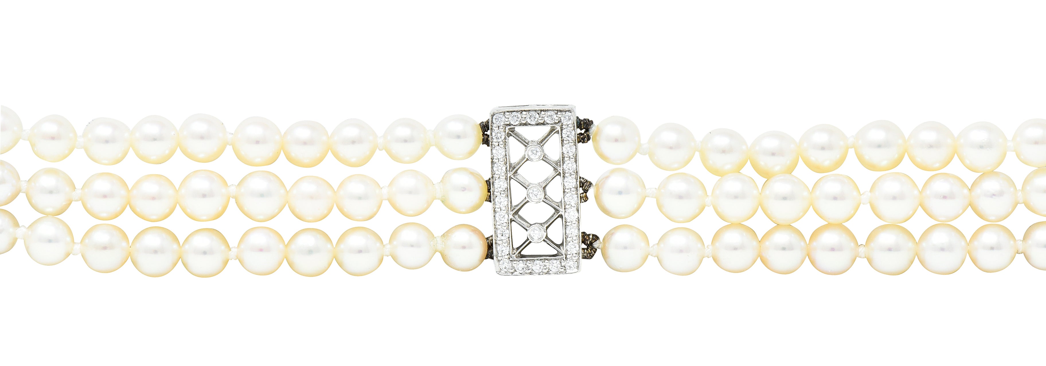 Tiffany & Co. Diamond Pearl Platinum Voile Three Strand Station Bracelet Wilson's Estate Jewelry