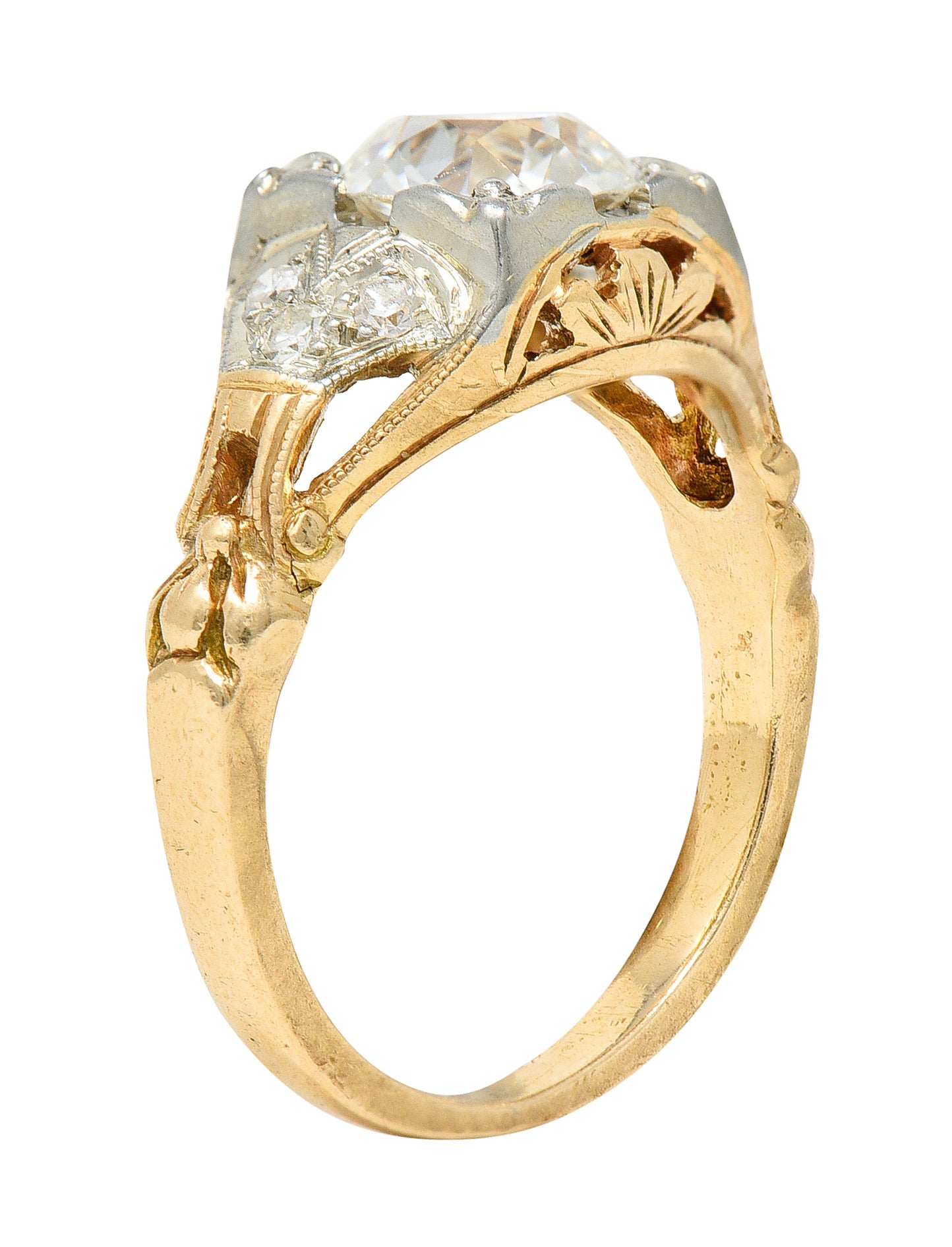 1920's Art Deco 1.11 CTW Diamond Two-Tone Gold Foliate Engagement Ring GIA Wilson's Estate Jewelry