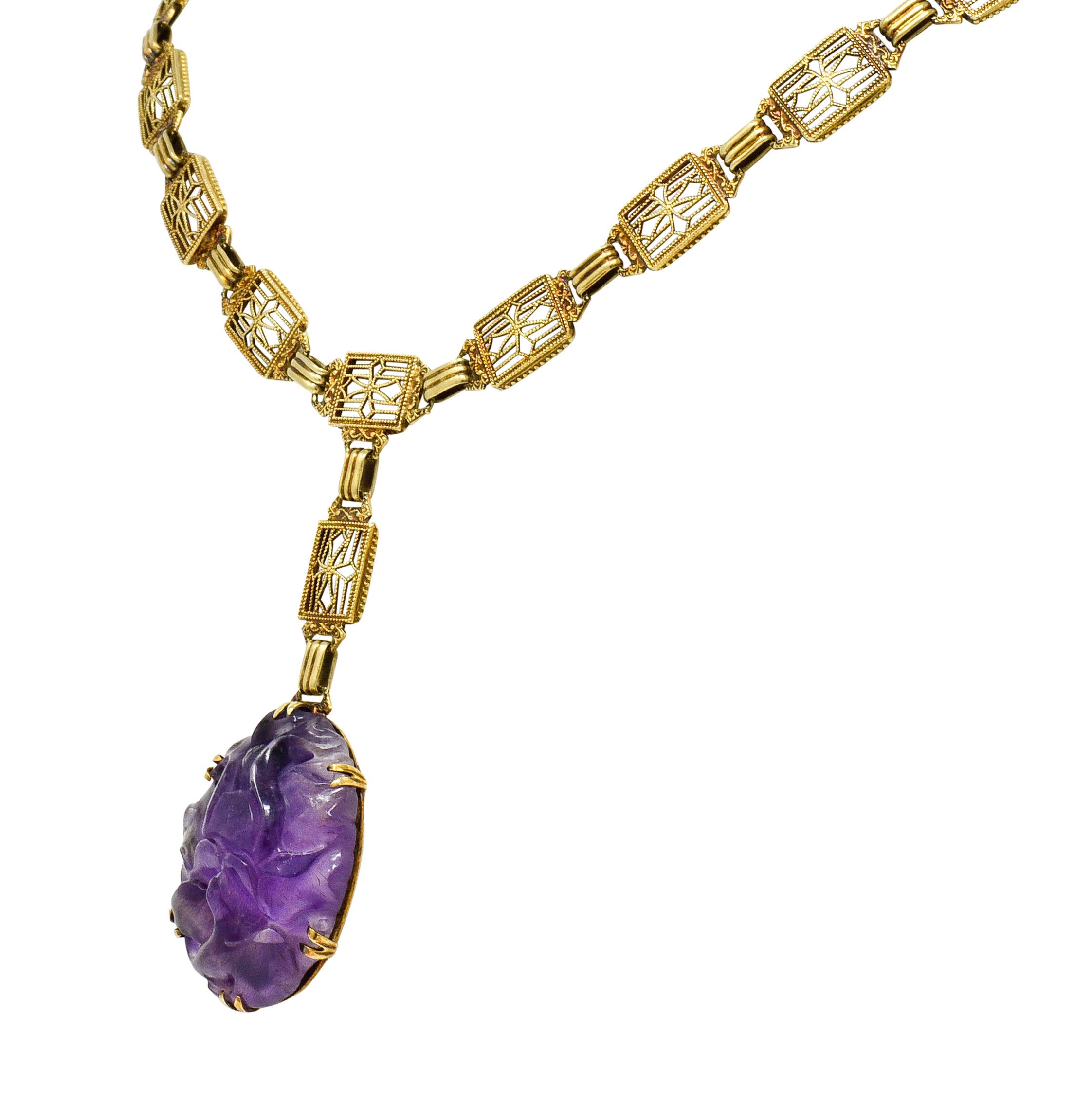 Victorian Carved Rutilated Amethyst 14 Karat Gold Drop NecklaceNecklace - Wilson's Estate Jewelry