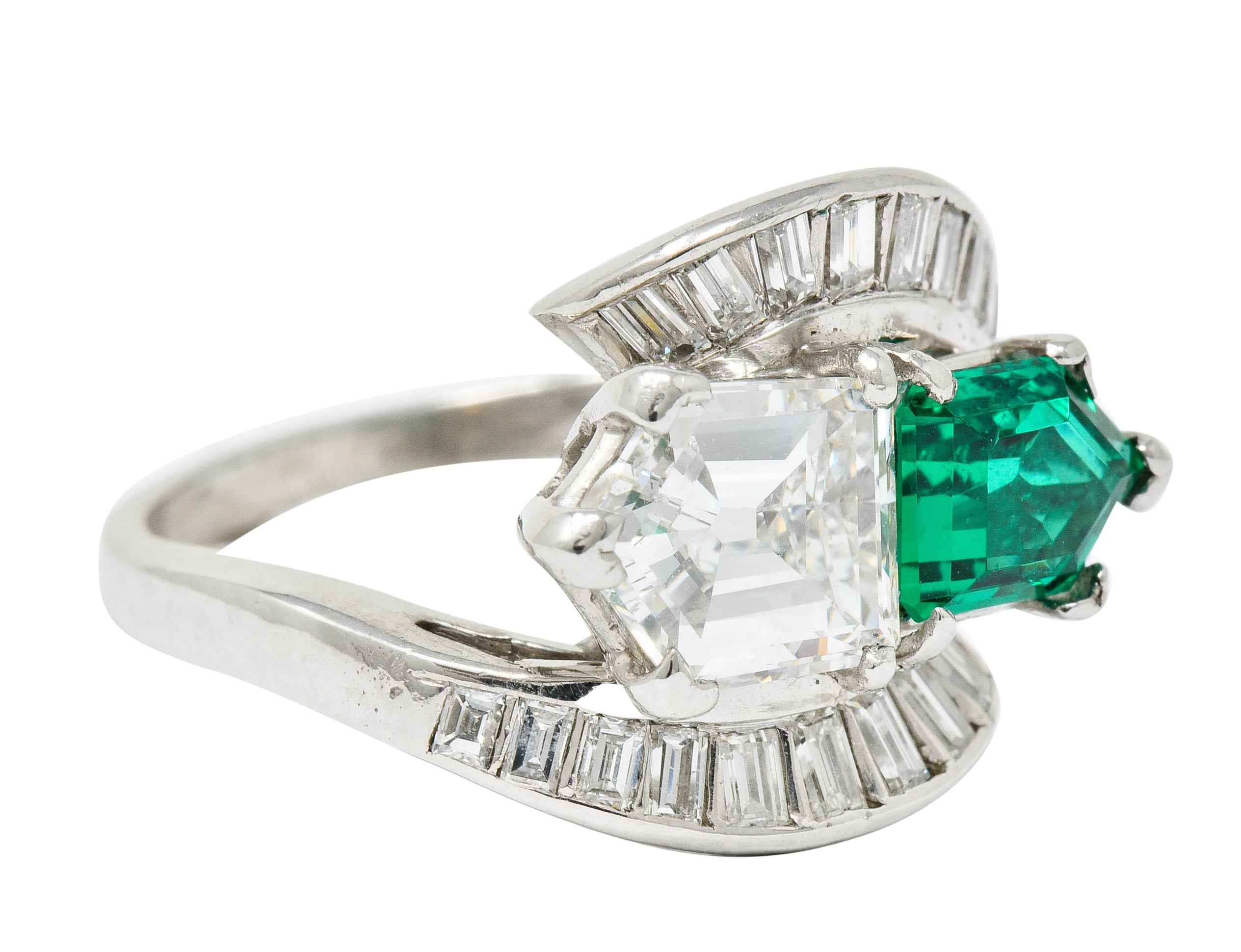 1950's Mid-Century 3.46 CTW Diamond Emerald Platinum Cocktail RingRing - Wilson's Estate Jewelry