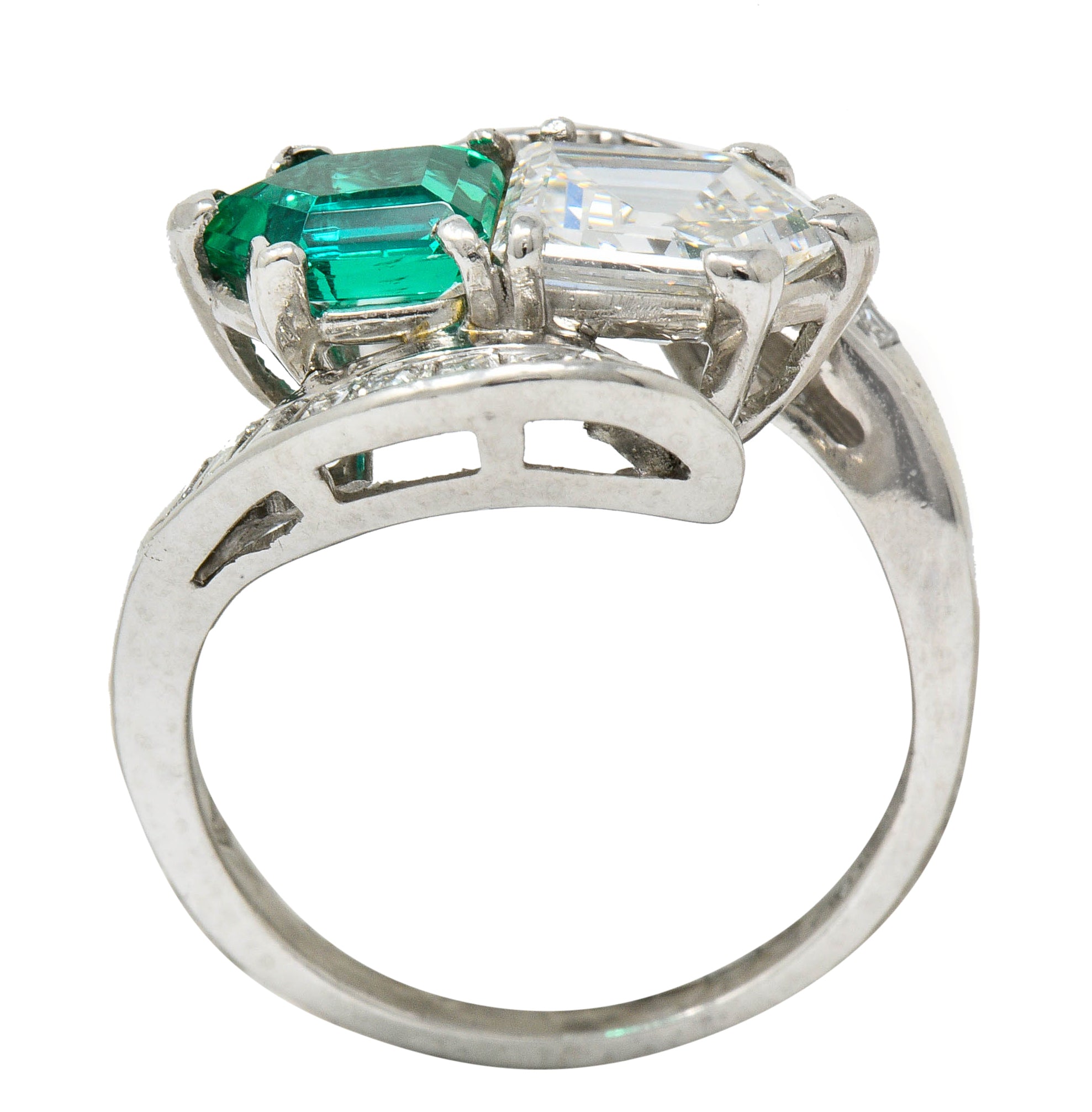 1950's Mid-Century 3.46 CTW Diamond Emerald Platinum Cocktail RingRing - Wilson's Estate Jewelry