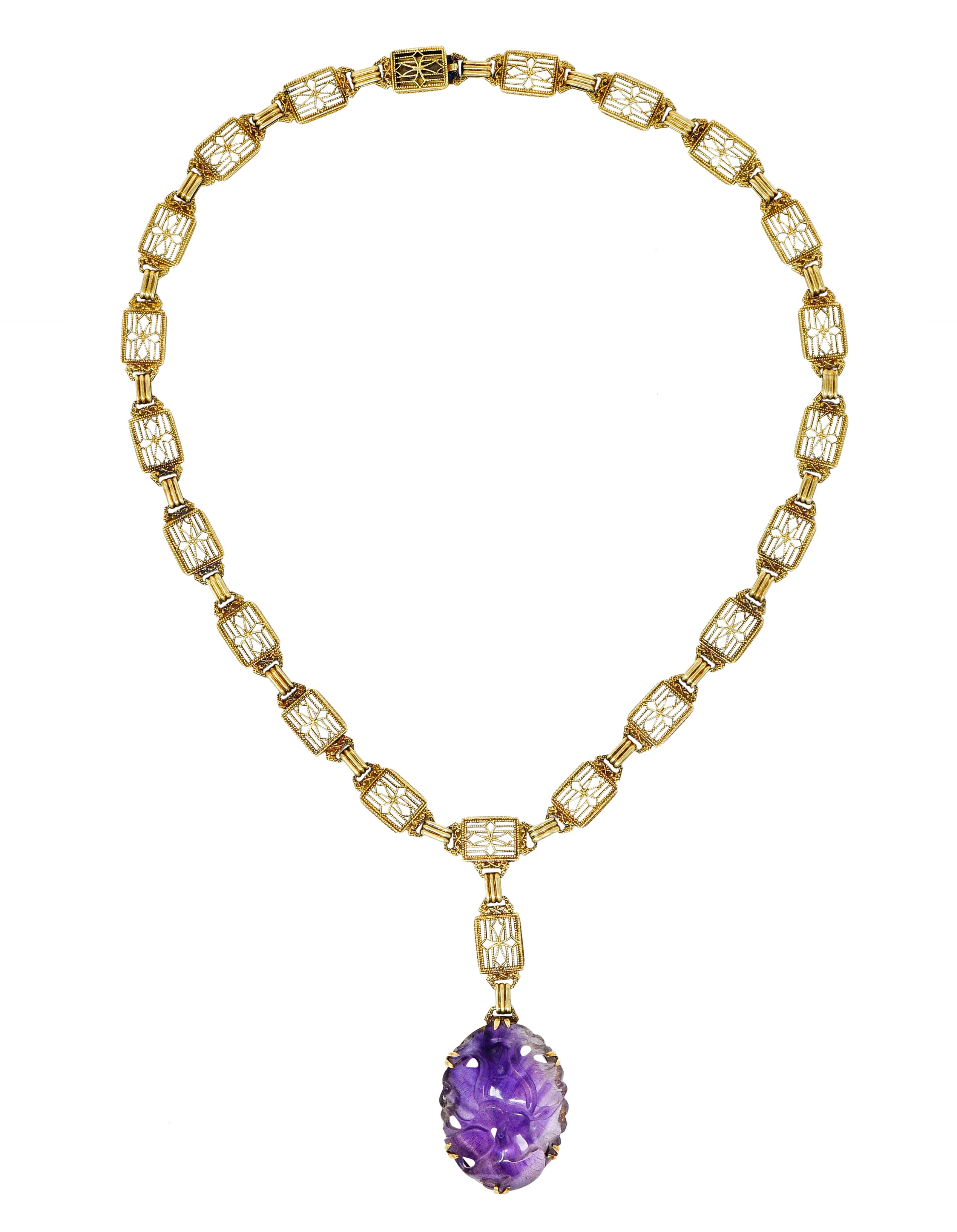 Victorian Carved Rutilated Amethyst 14 Karat Gold Drop NecklaceNecklace - Wilson's Estate Jewelry