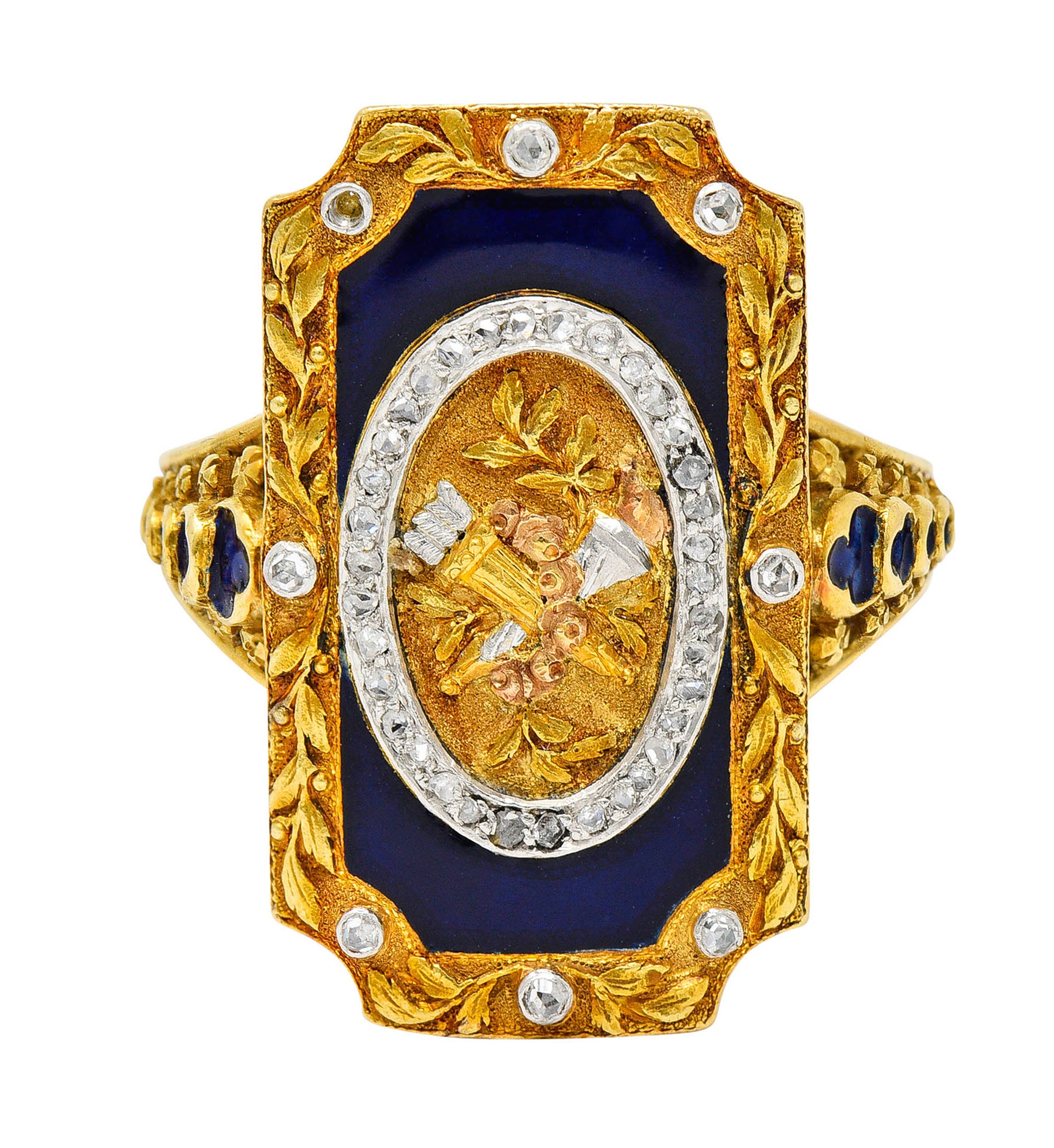 Antique Neoclassical Diamond Enamel Platinum-Topped 18 Karat Tri-Colored Gold Cupid RingRing - Wilson's Estate Jewelry