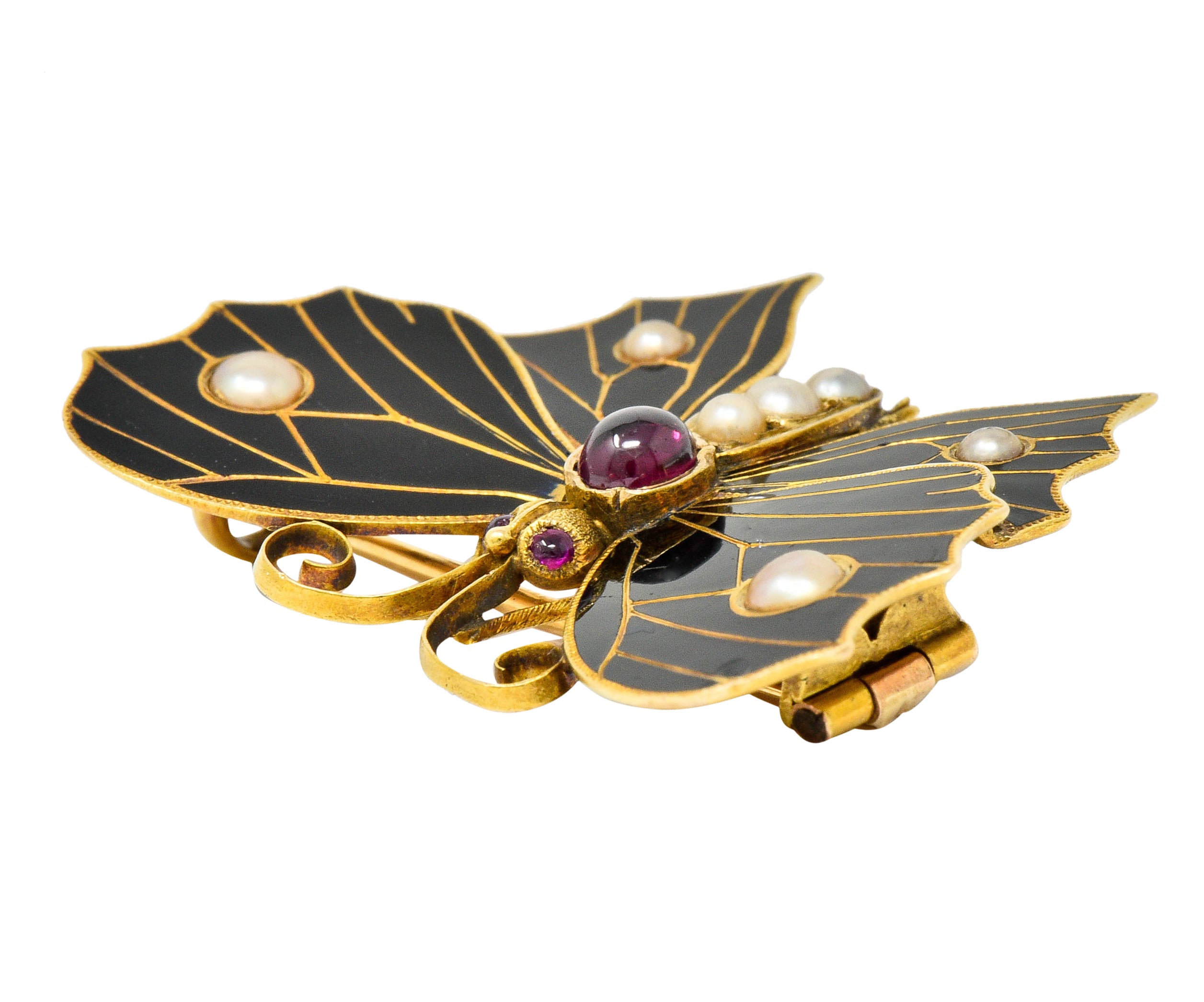 1890's Victorian Garnet Pearl Ruby Enamel 18 Karat Gold Butterfly Watch Pin BroochBrooch - Wilson's Estate Jewelry