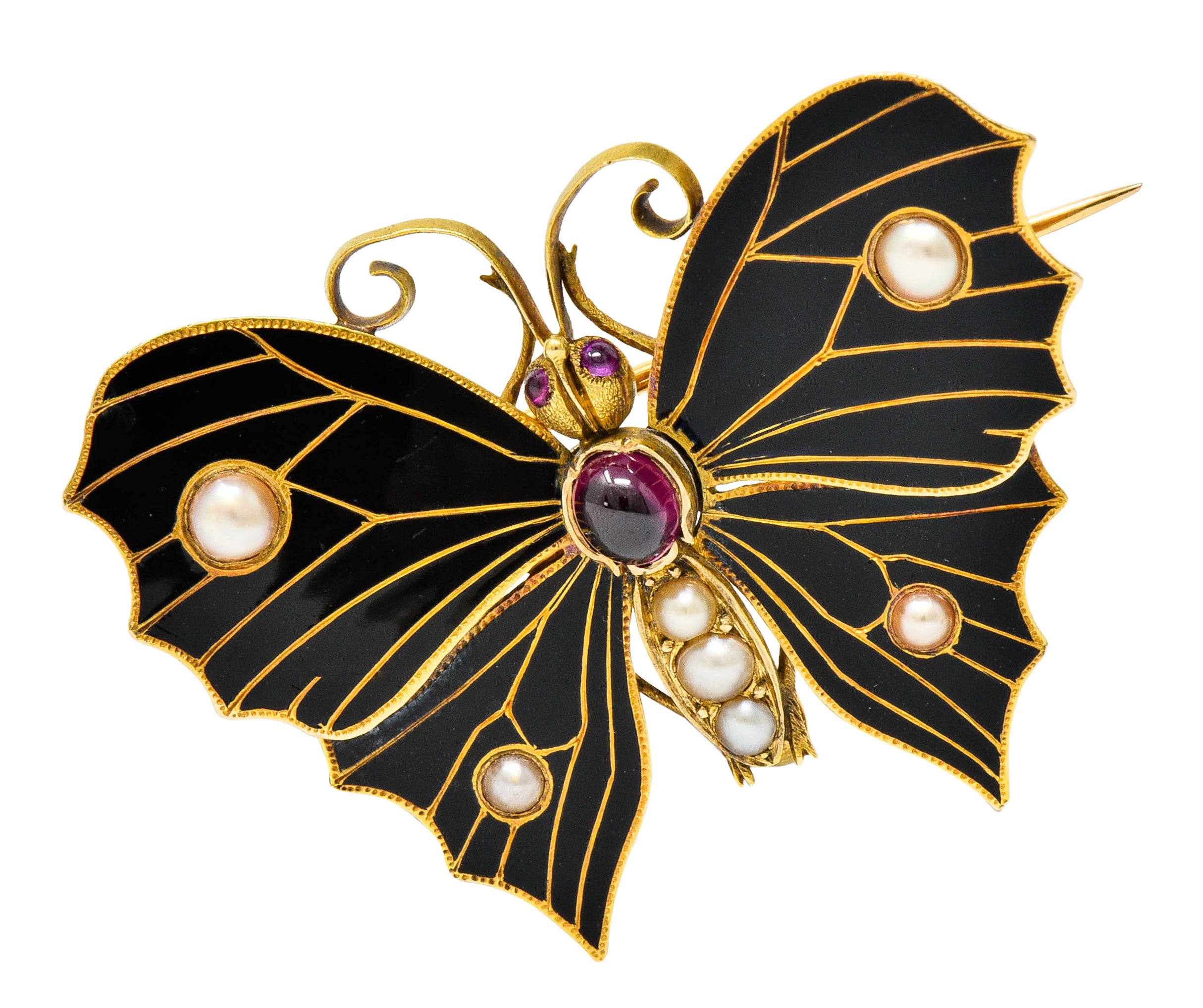 1890's Victorian Garnet Pearl Ruby Enamel 18 Karat Gold Butterfly Watch Pin BroochBrooch - Wilson's Estate Jewelry