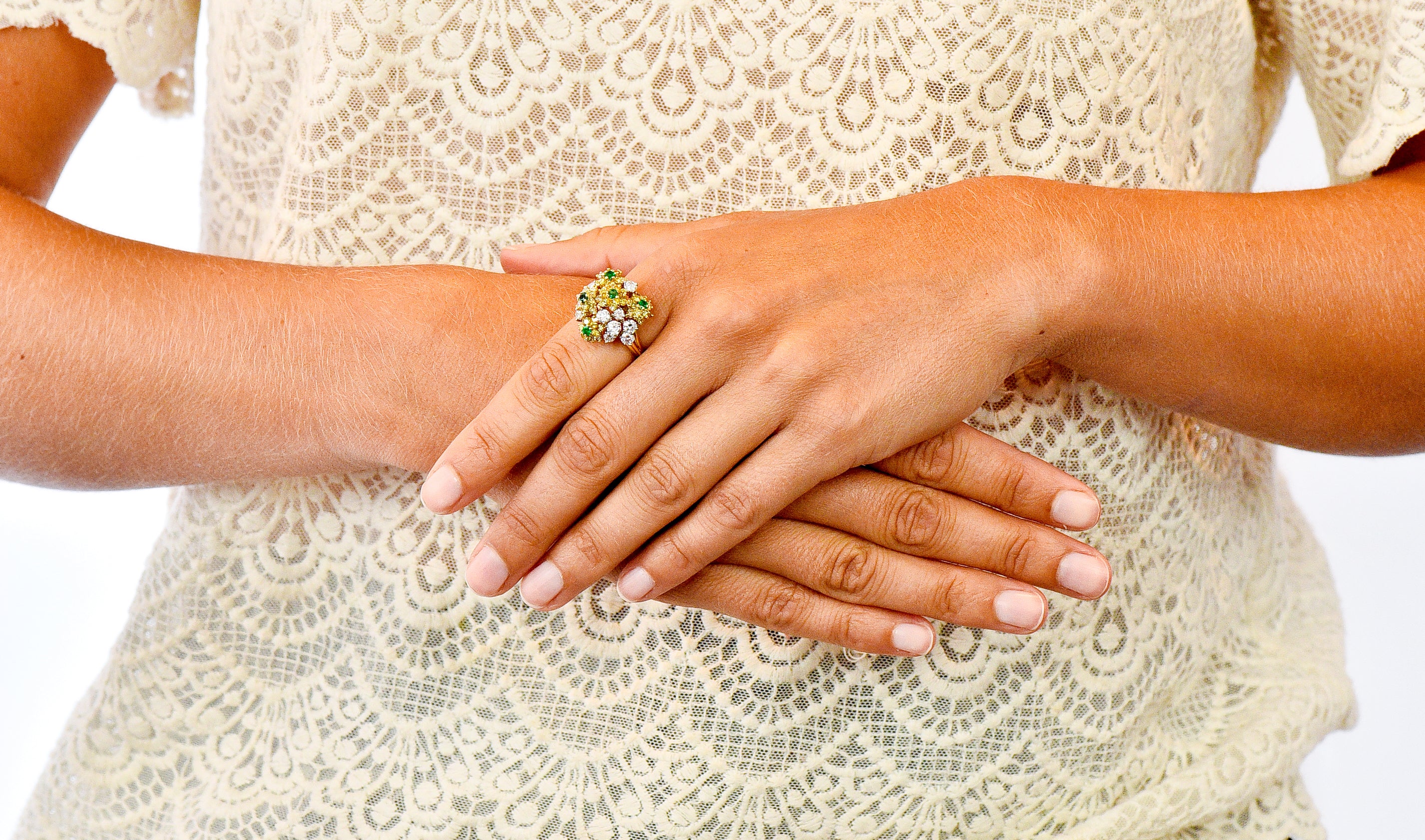 Vintage 3.21 CTW Yellow and White Diamond Emerald 18 Karat Gold Floral Cluster Ring - Wilson's Estate Jewelry