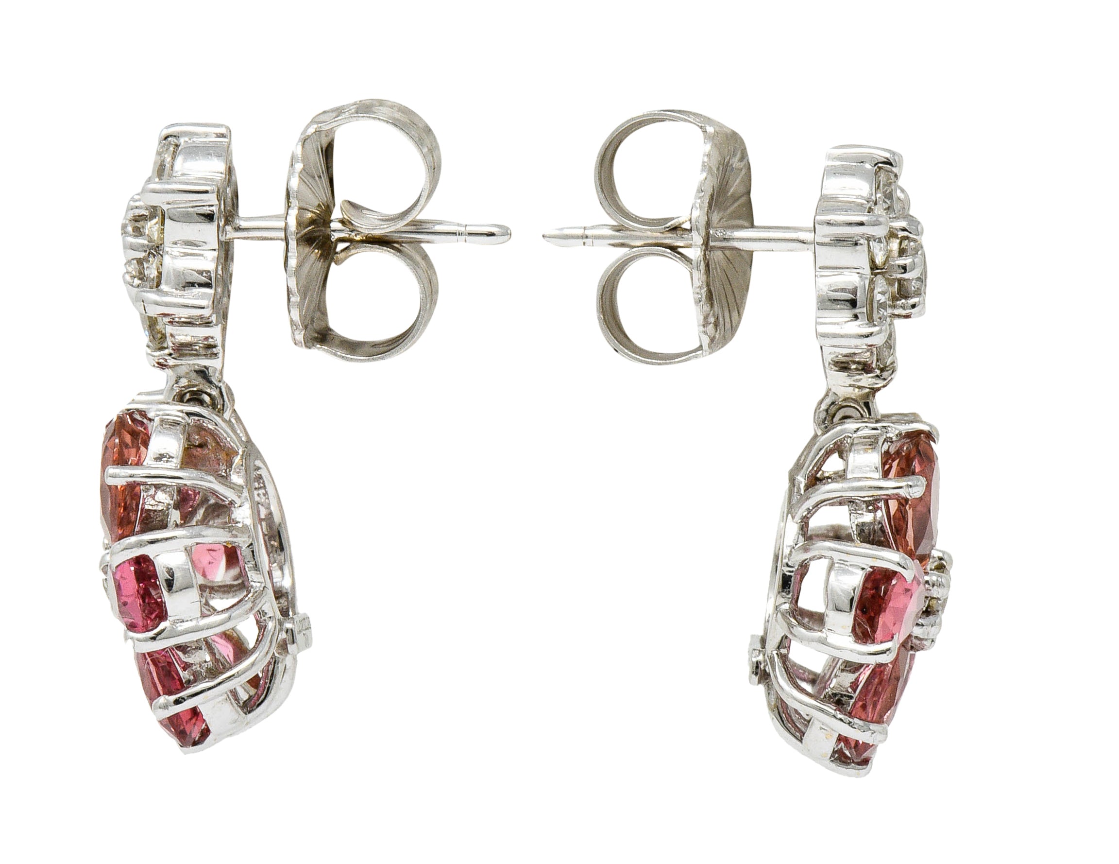 Contemporary Pink Tourmaline Diamond 18 Karat White Floral Cluster Drop EarringsEarrings - Wilson's Estate Jewelry