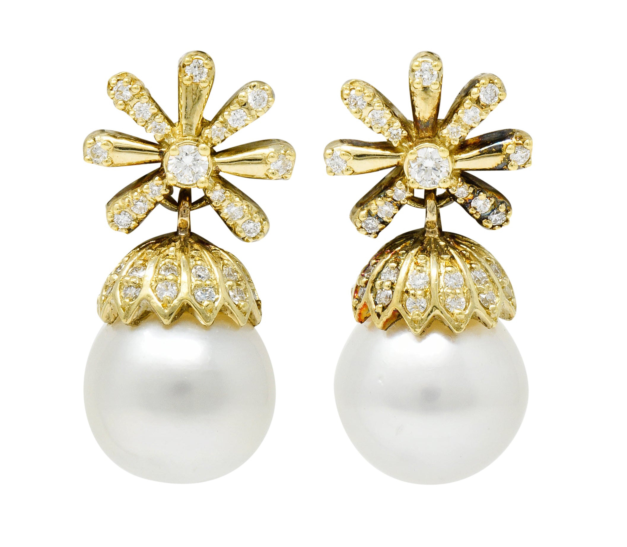 Contemporary 1.15 CTW Diamond Cultured Pearl 18 Karat Gold Drop EarringsEarrings - Wilson's Estate Jewelry