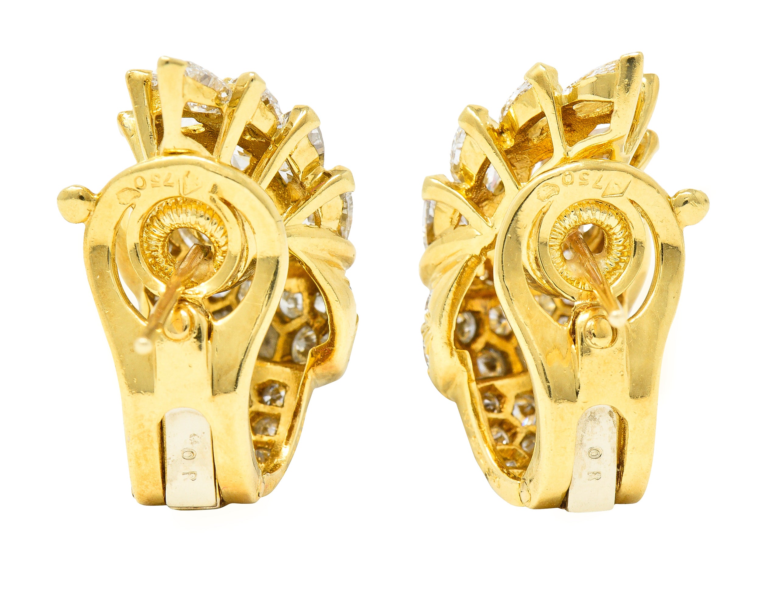 Van Cleef & Arpels French 5.26 CTW Marquise Cut Diamond 18 Karat Yellow Gold Toundra Bouquet Vintage J-Hoop Earrings Wilson's Estate Jewelry