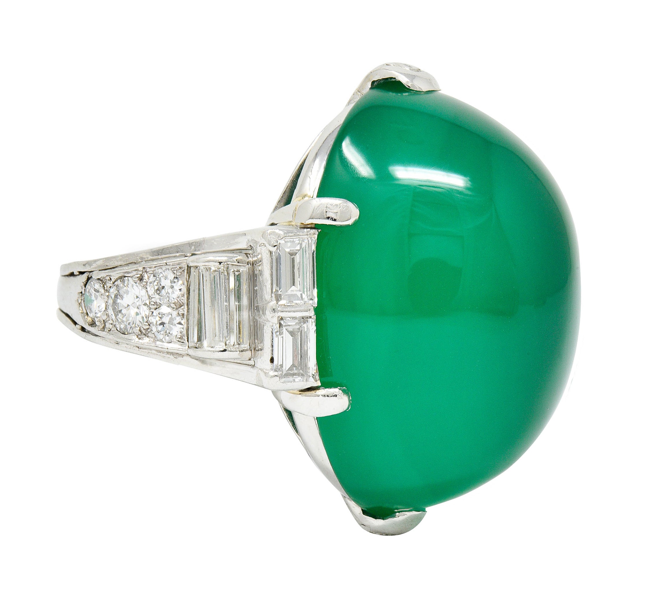 Large Art Deco Chrysoprase Diamond Platinum Cabochon Statement RingRing - Wilson's Estate Jewelry