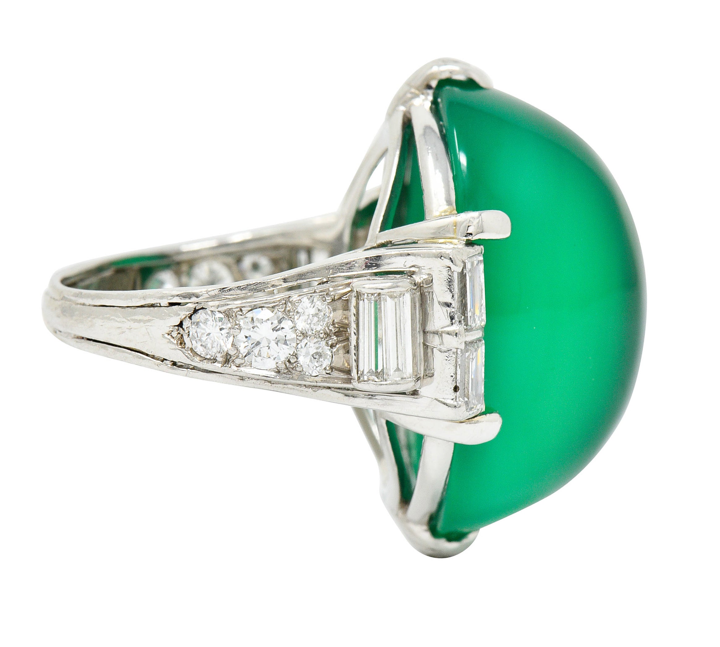 Large Art Deco Chrysoprase Diamond Platinum Cabochon Statement RingRing - Wilson's Estate Jewelry