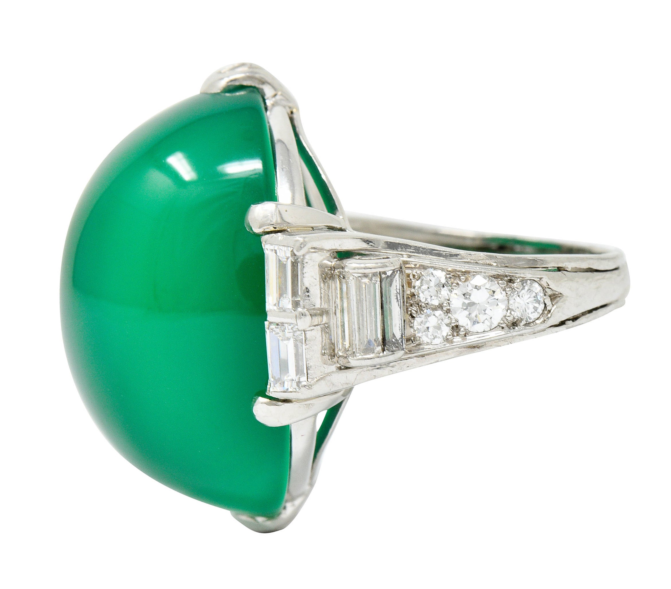 Large Art Deco Chrysoprase Diamond Platinum Cabochon Statement RingRing - Wilson's Estate Jewelry