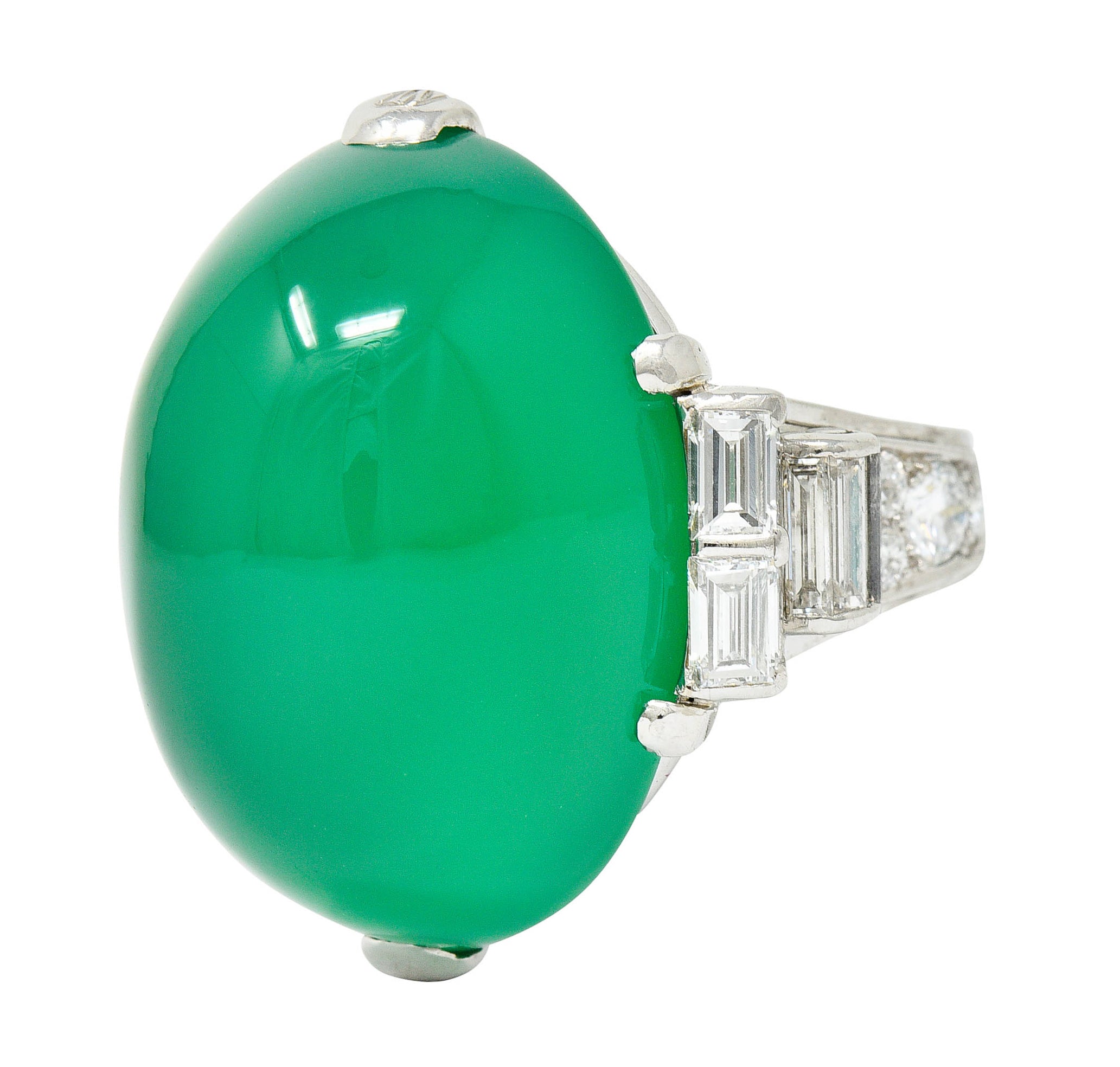 Large Art Deco Chrysoprase Diamond Platinum Cabochon Statement RingRing - Wilson's Estate Jewelry