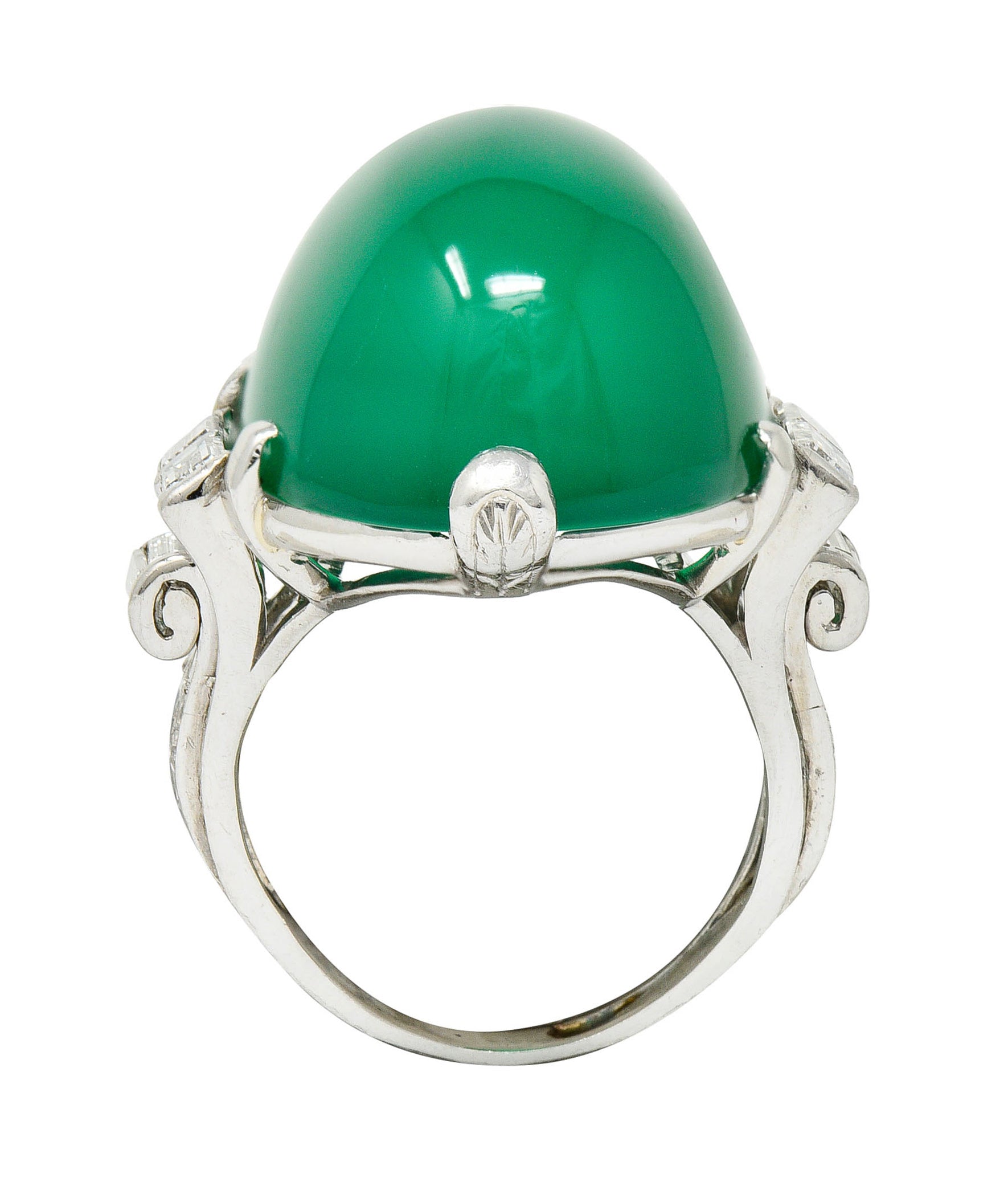 Large Art Deco Chrysoprase Diamond Platinum Cabochon Statement RingRing - Wilson's Estate Jewelry