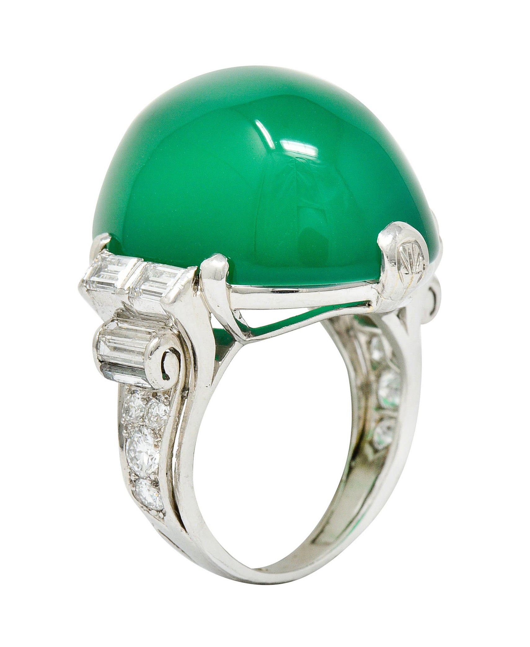 Large Art Deco Chrysoprase Diamond Platinum Cabochon Statement RingRing - Wilson's Estate Jewelry