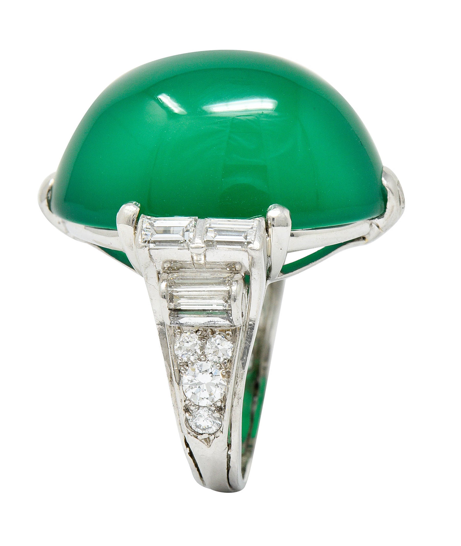 Large Art Deco Chrysoprase Diamond Platinum Cabochon Statement RingRing - Wilson's Estate Jewelry