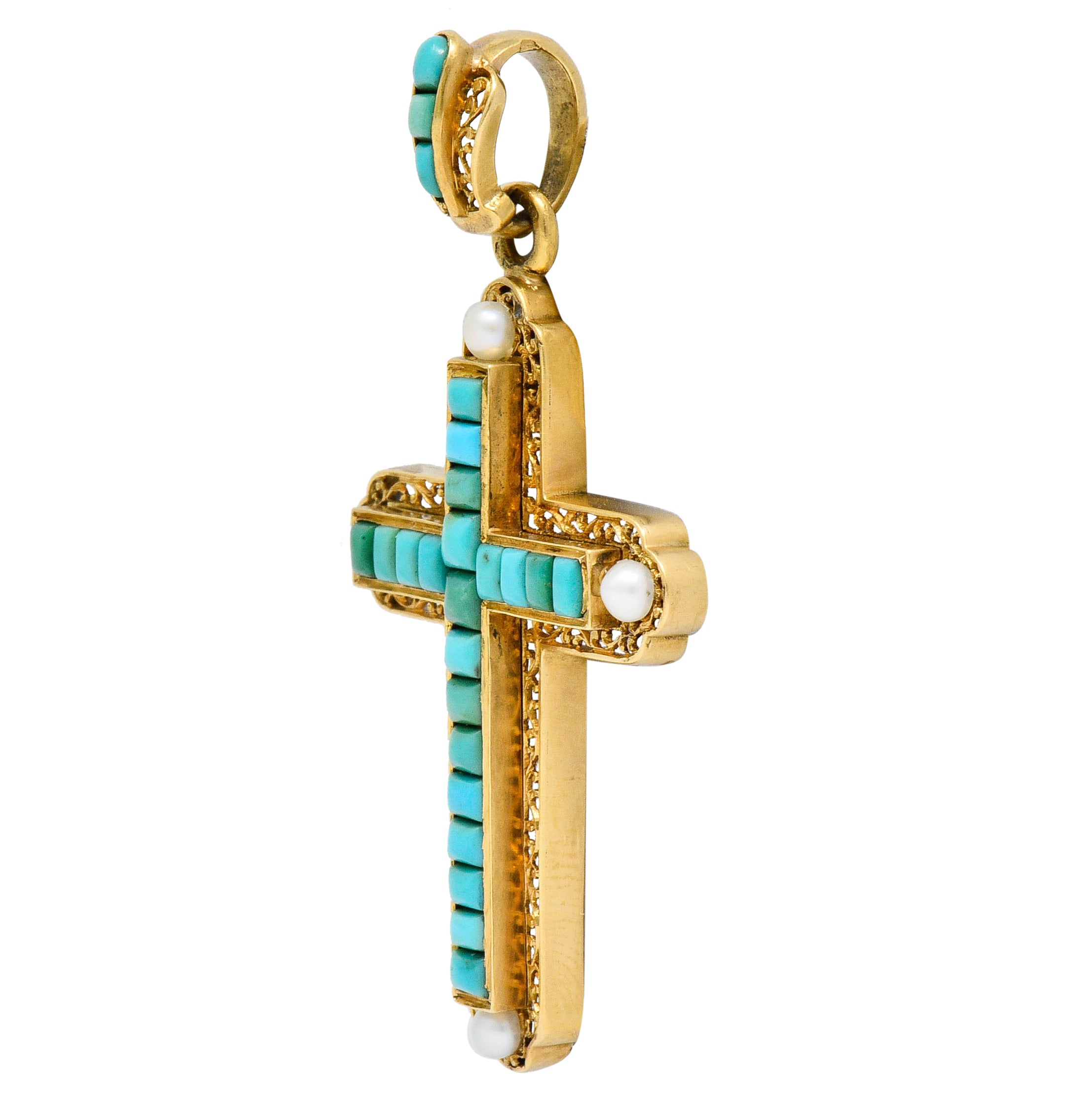 French Victorian Turquoise Pearl 18 Karat Gold Cross PendantNecklace - Wilson's Estate Jewelry