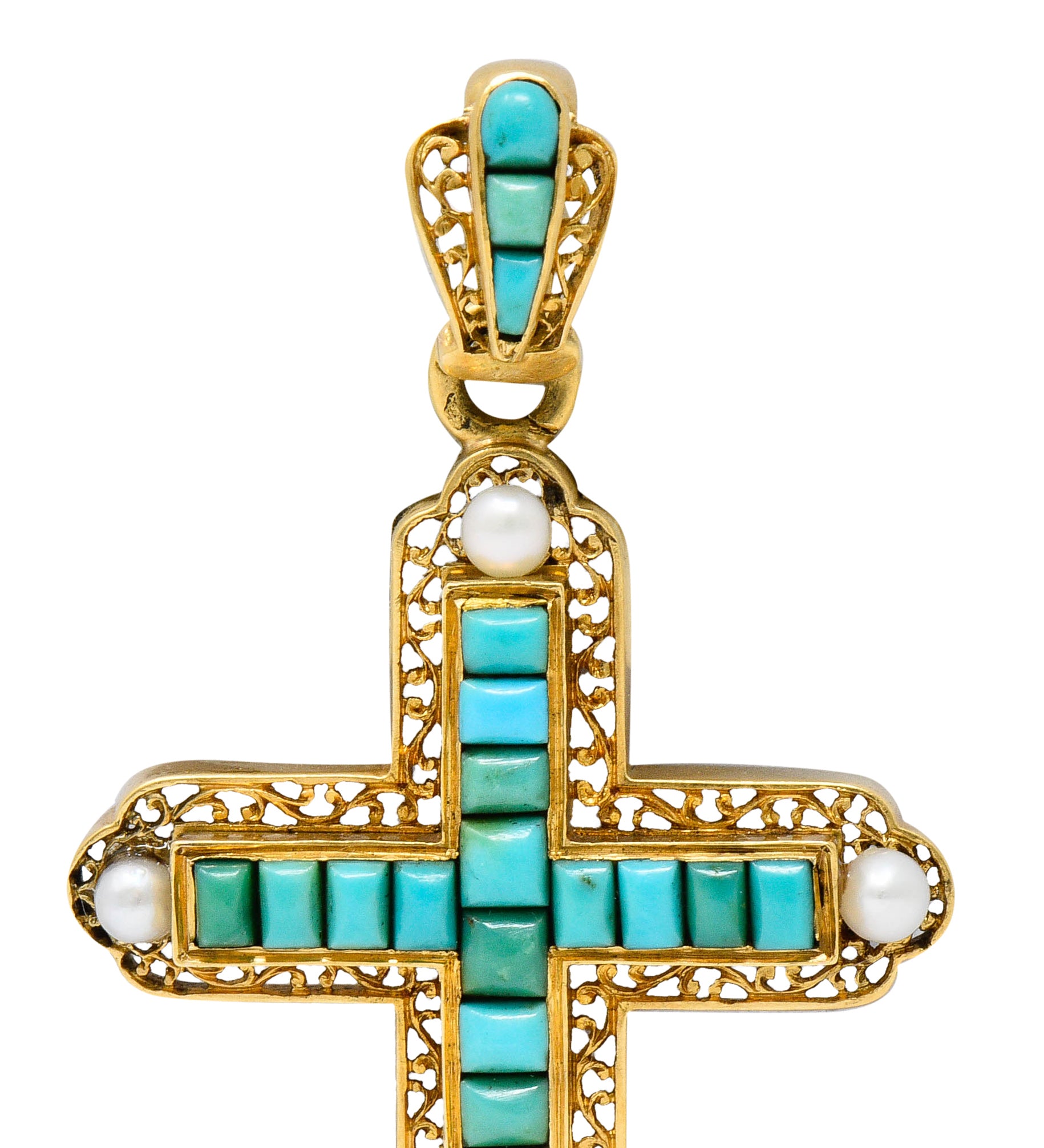 French Victorian Turquoise Pearl 18 Karat Gold Cross PendantNecklace - Wilson's Estate Jewelry