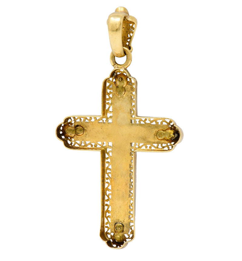 French Victorian Turquoise Pearl 18 Karat Gold Cross PendantNecklace - Wilson's Estate Jewelry