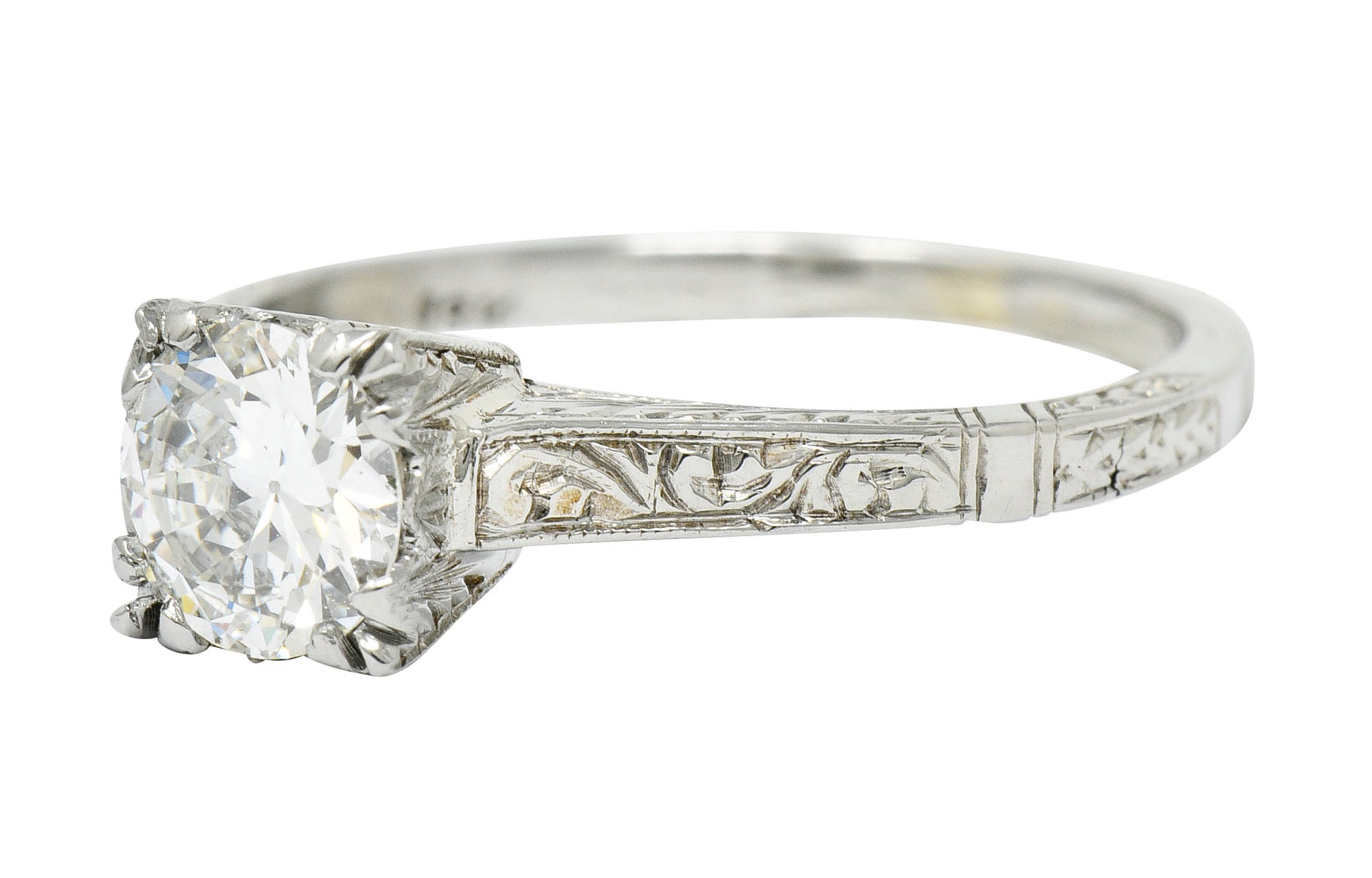 Art Deco 0.53 CTW Diamond 18 Karat White Gold Engraved Engagement Ring - Wilson's Estate Jewelry