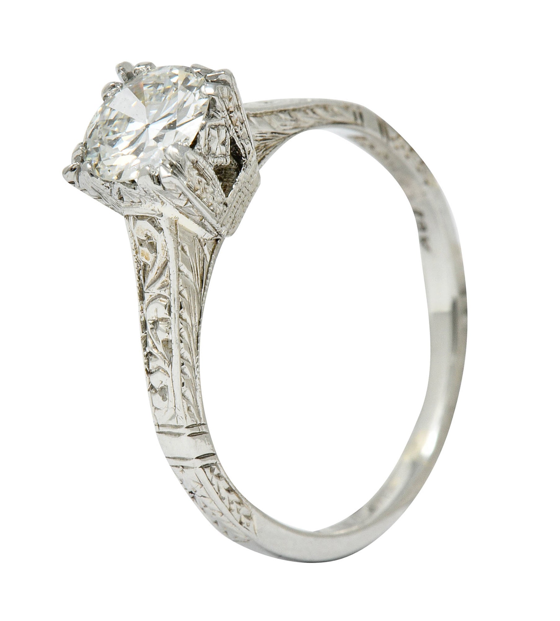 Art Deco 0.53 CTW Diamond 18 Karat White Gold Engraved Engagement Ring - Wilson's Estate Jewelry