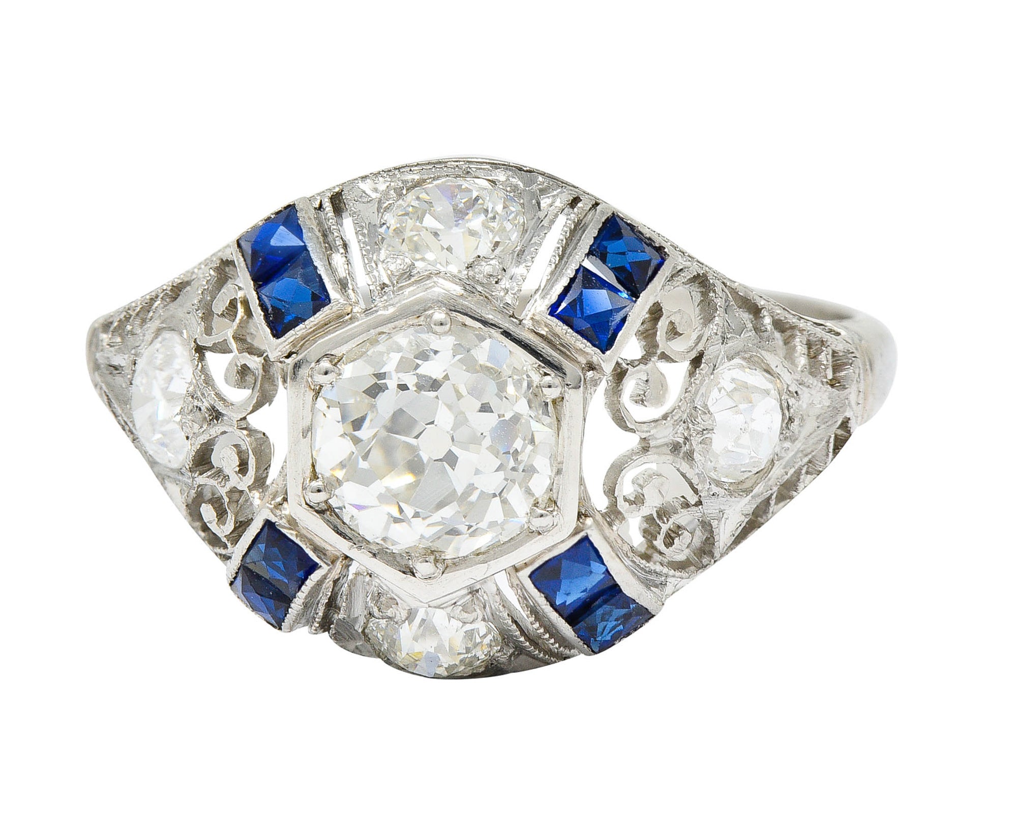 Art Deco 1.85 CTW Diamond Sapphire Platinum Hexagonal Filigree Engagement RingRing - Wilson's Estate Jewelry