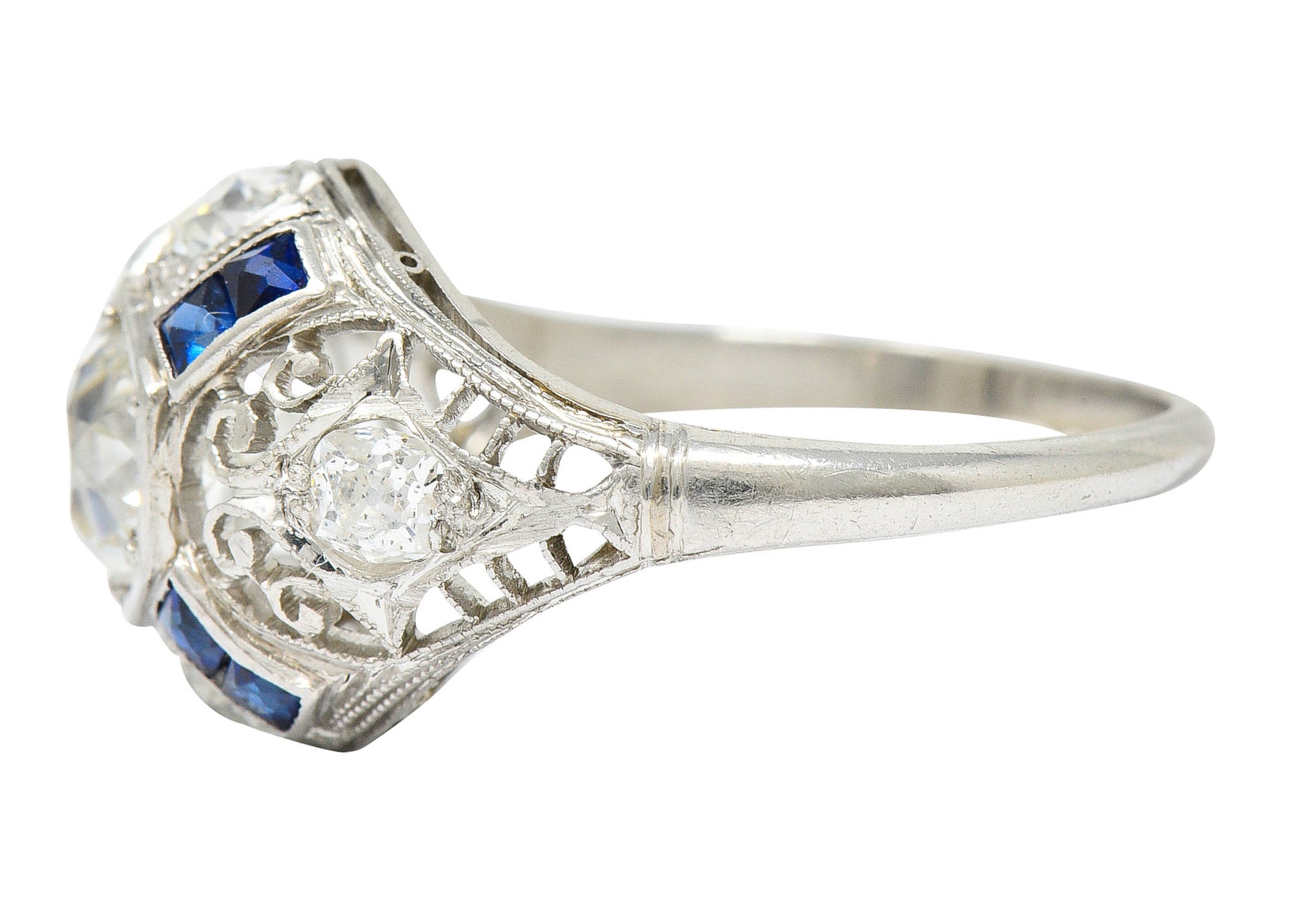 Art Deco 1.85 CTW Diamond Sapphire Platinum Hexagonal Filigree Engagement RingRing - Wilson's Estate Jewelry