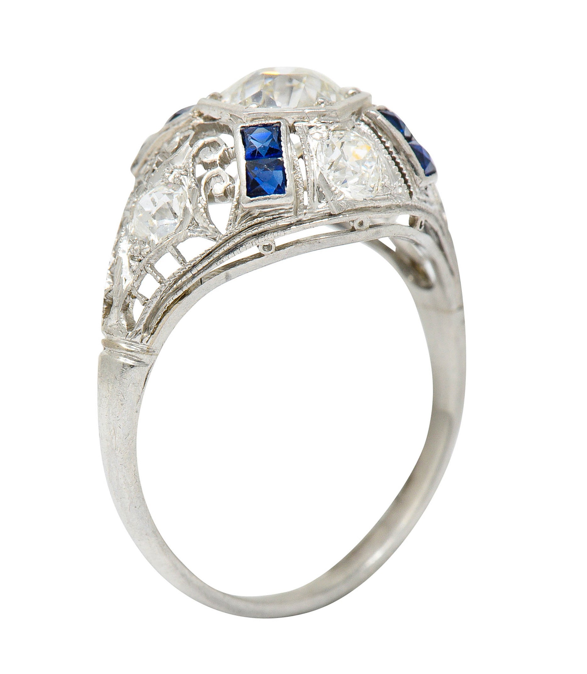 Art Deco 1.85 CTW Diamond Sapphire Platinum Hexagonal Filigree Engagement RingRing - Wilson's Estate Jewelry