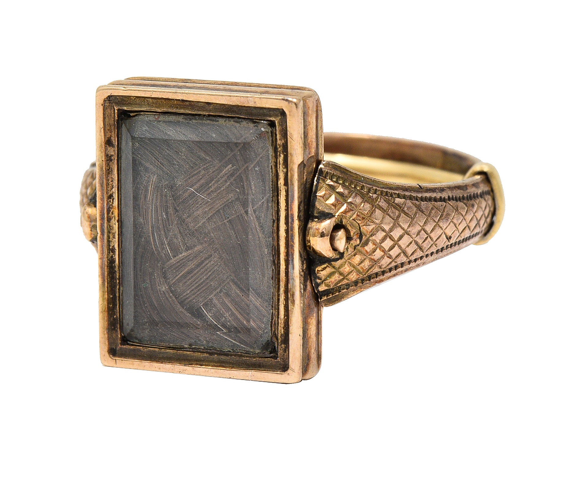 Victorian Mourning Quartz Braided Hair 14 Karat Gold Cross Antique Flip Ring