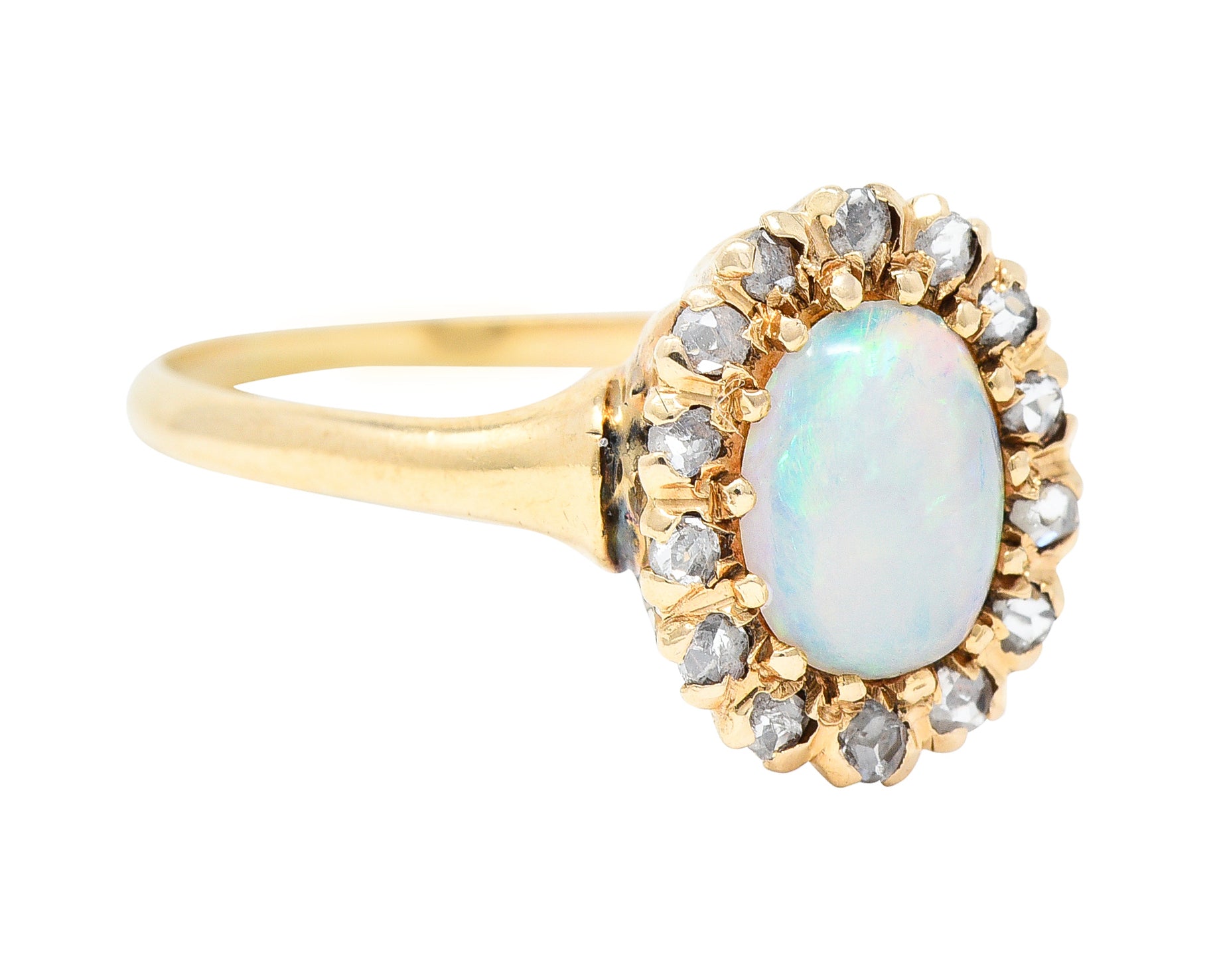 Victorian Opal Cabochon Diamond 14 Karat Yellow Gold Antique Halo Ring Wilson's Estate Jewelry