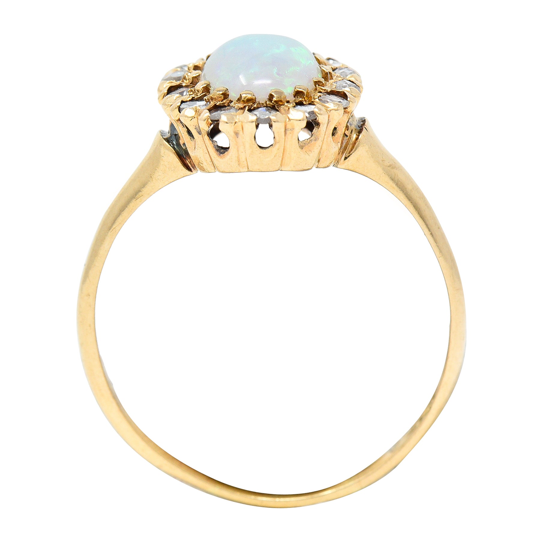 Victorian Opal Cabochon Diamond 14 Karat Yellow Gold Antique Halo Ring Wilson's Estate Jewelry