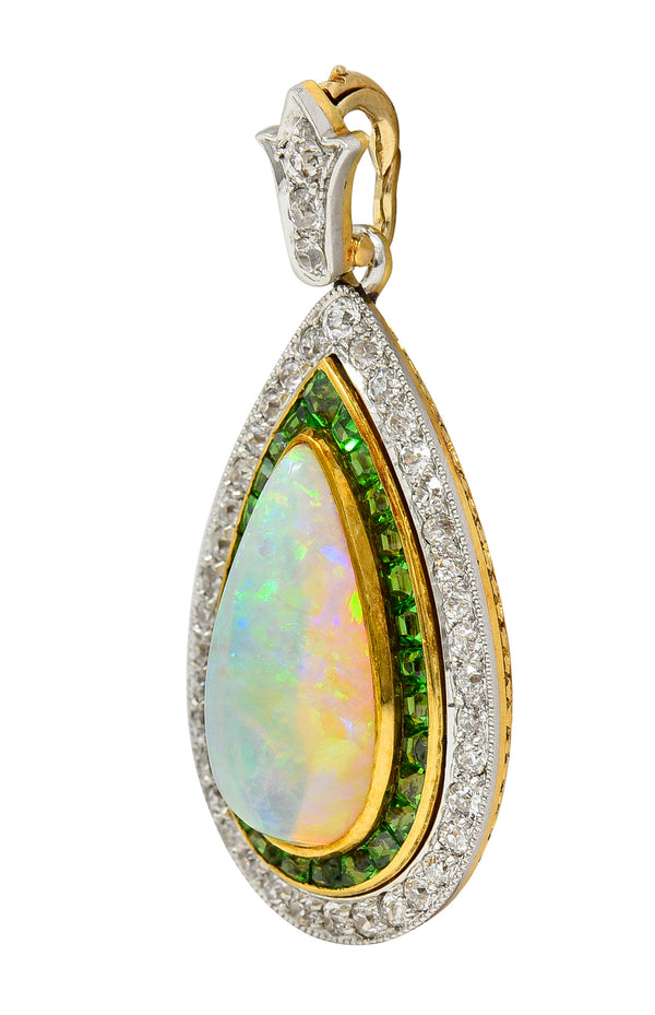 Edwardian Diamond Demantoid Garnet Opal Halo Lily Teardrop Antique Pendant