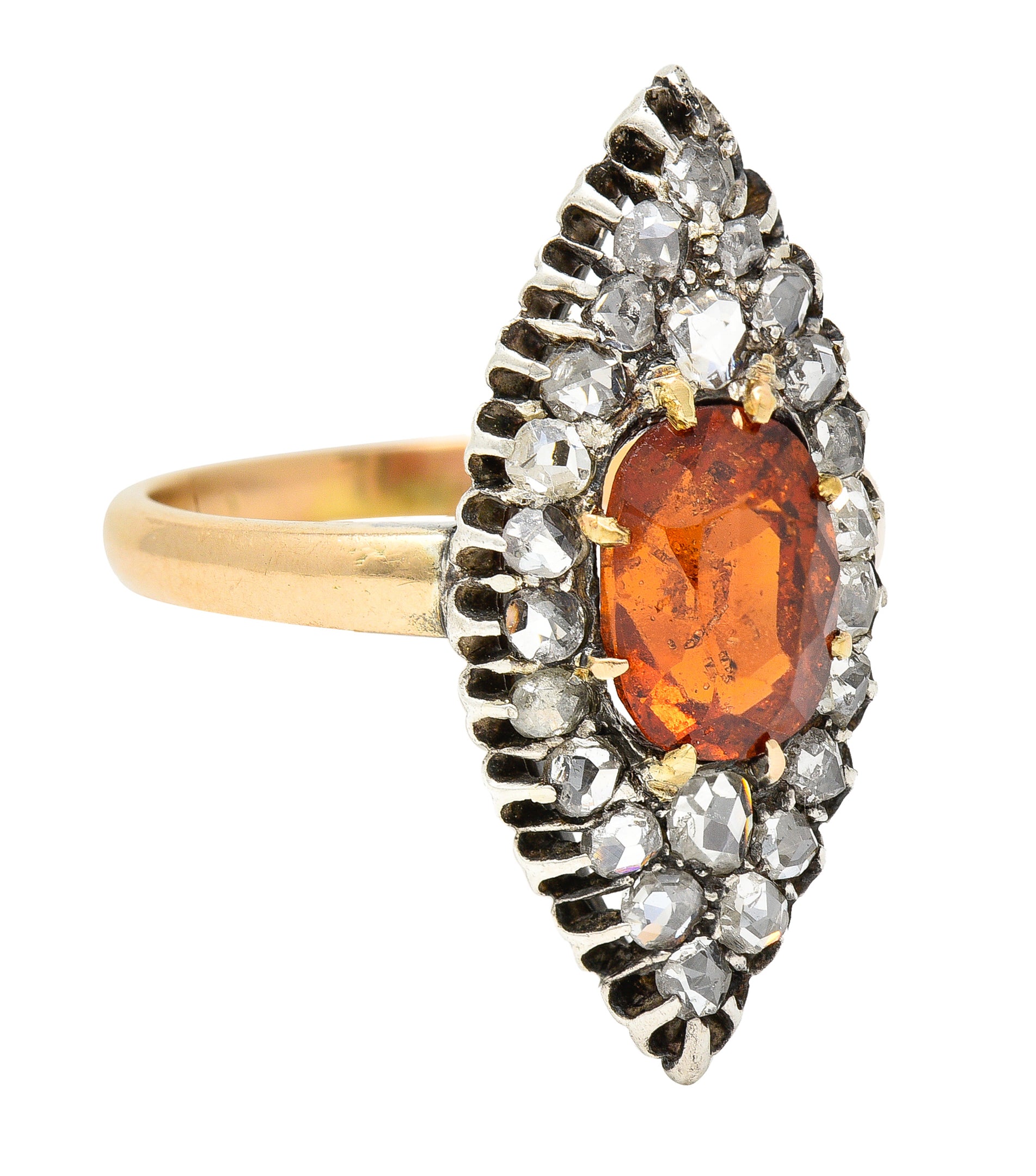 1908 Russian Hessonite Garnet Diamond Silver-Topped 14 Karat Yellow Gold Antique Navette Cluster Ring Wilson's Estate Jewelry