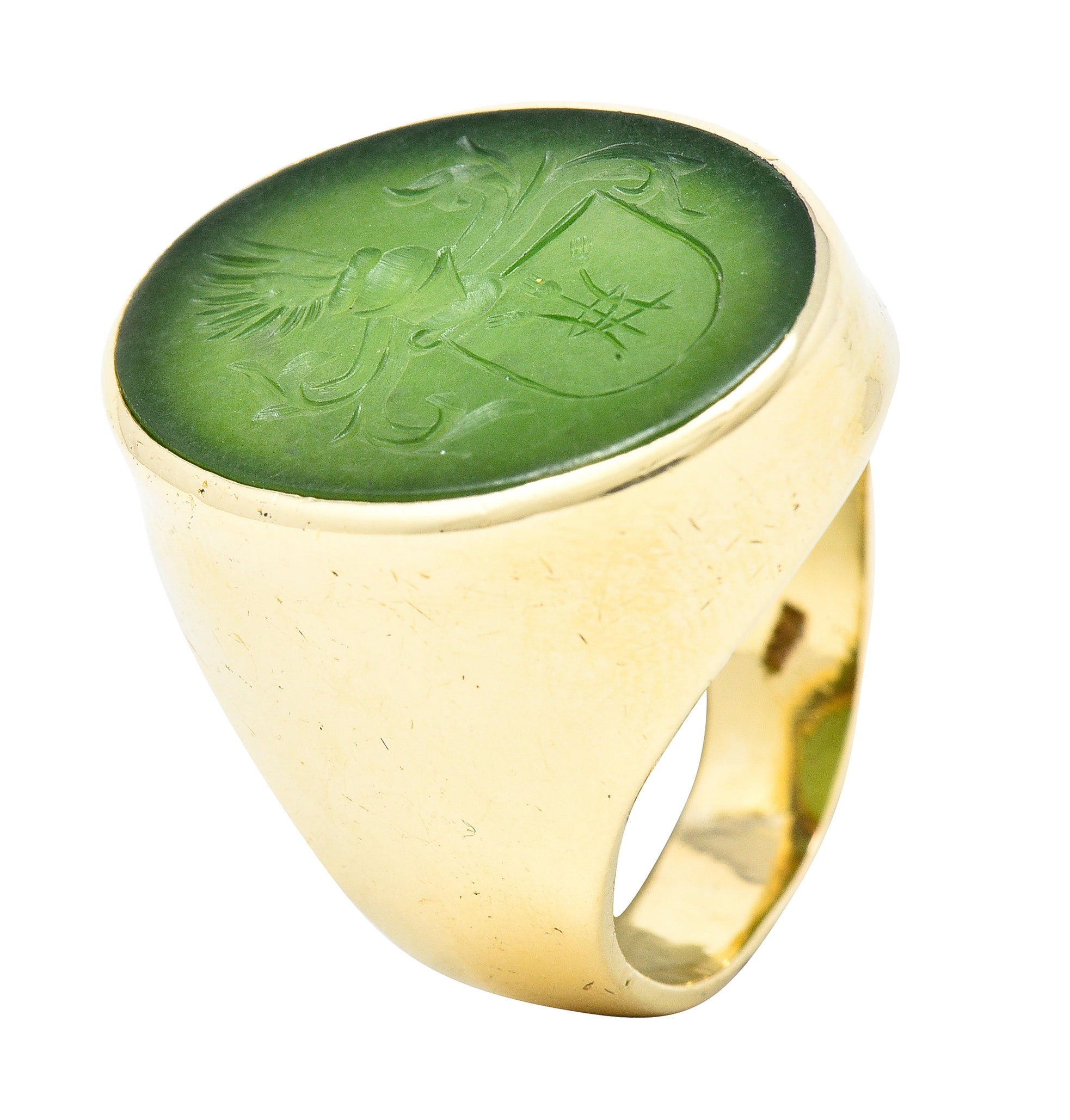 Victorian Nephrite Jade 14 Karat Yellow Gold Celtic Thistle Crest Carved Intaglio Antique Signet Ring Wilson's Estate Jewelry