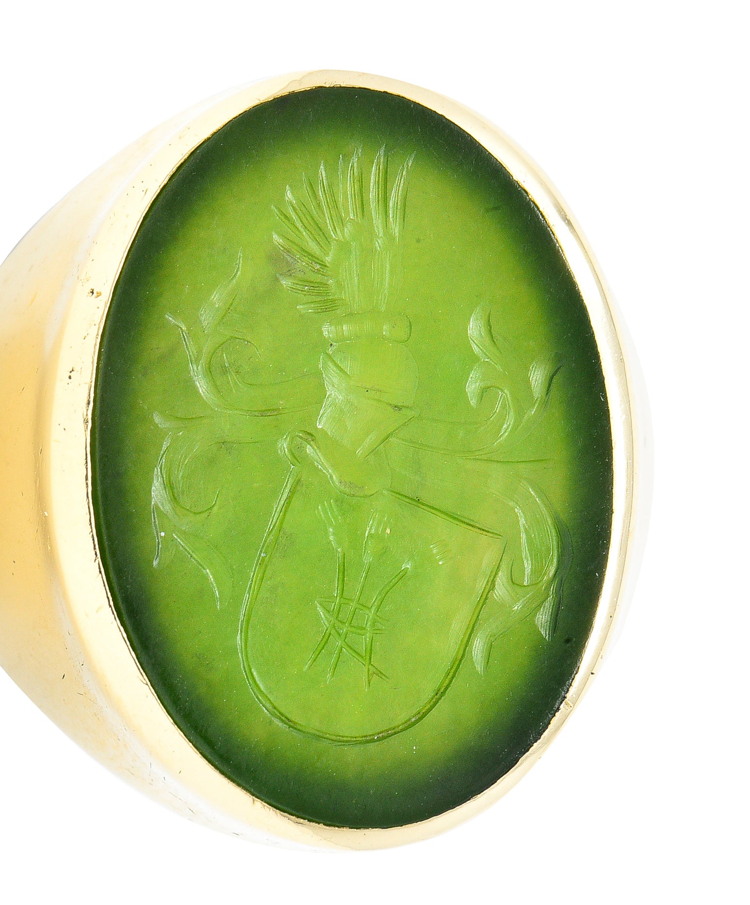 Victorian Nephrite Jade 14 Karat Yellow Gold Celtic Thistle Crest Carved Intaglio Antique Signet Ring Wilson's Estate Jewelry