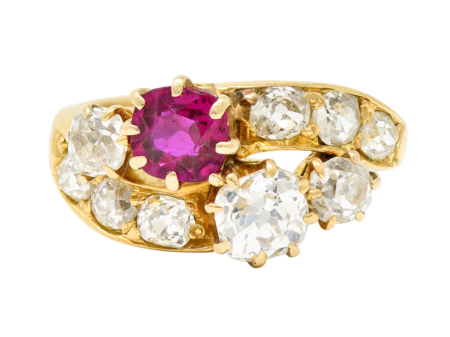 1900 Victorian 1.90 CTW Diamond Ruby 14 Karat Yellow Gold Bypass RingRing - Wilson's Estate Jewelry