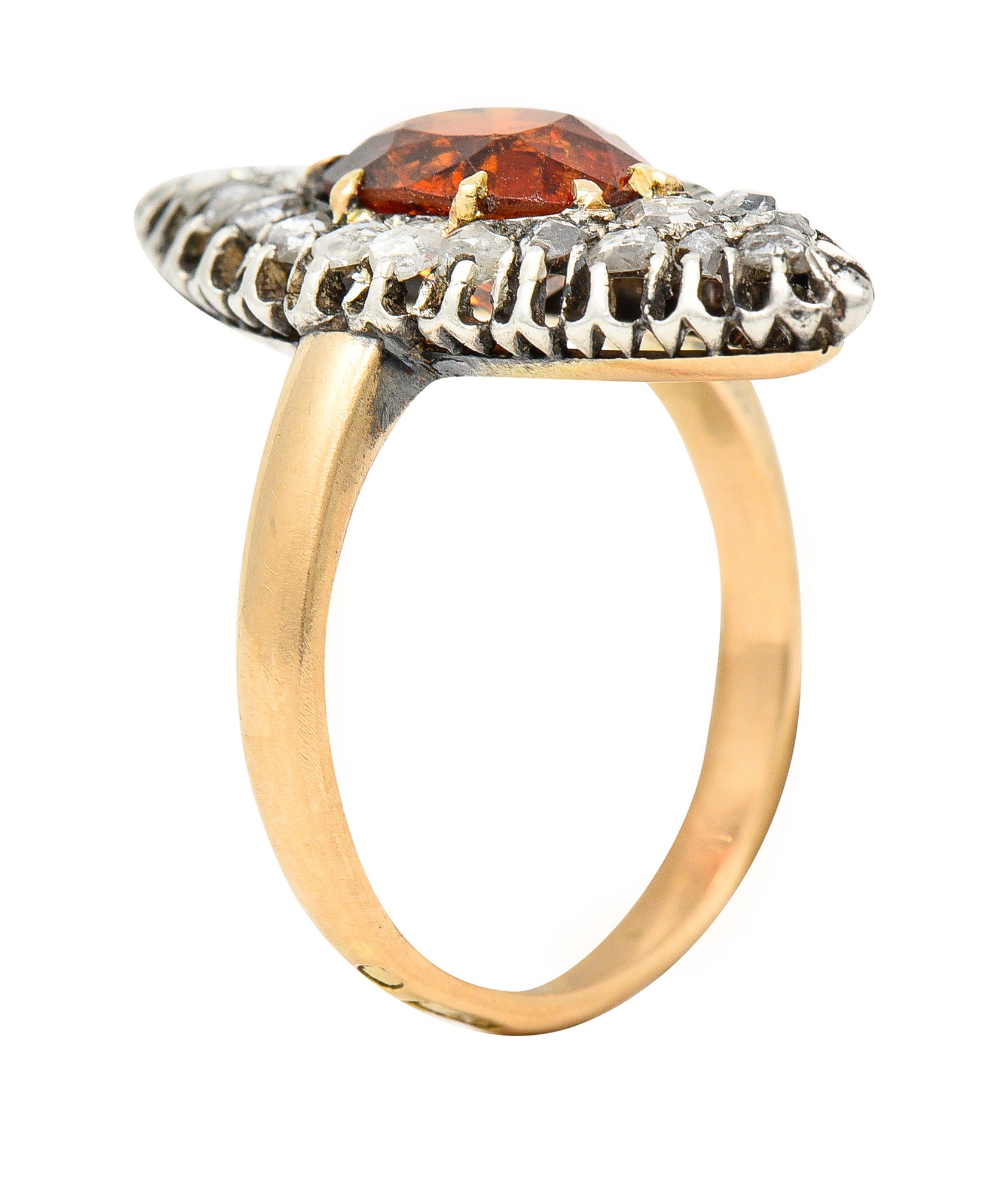 1908 Russian Hessonite Garnet Diamond Silver-Topped 14 Karat Yellow Gold Antique Navette Cluster Ring Wilson's Estate Jewelry