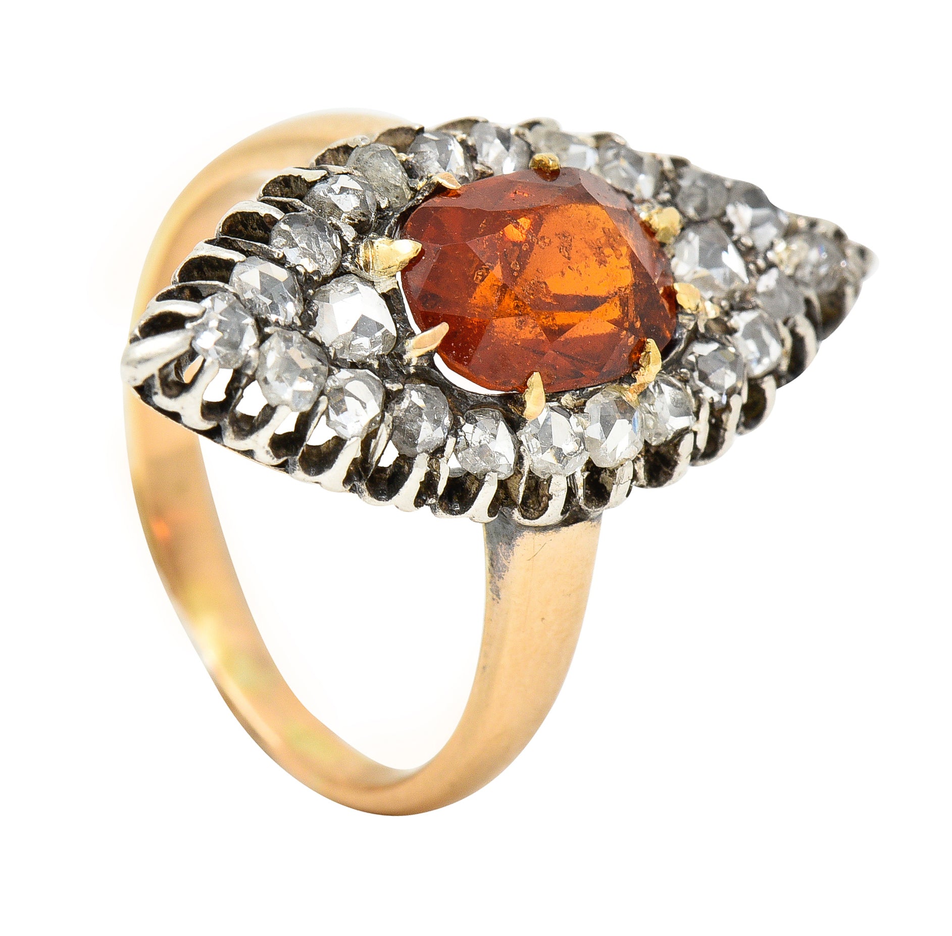 1908 Russian Hessonite Garnet Diamond Silver-Topped 14 Karat Yellow Gold Antique Navette Cluster Ring Wilson's Estate Jewelry